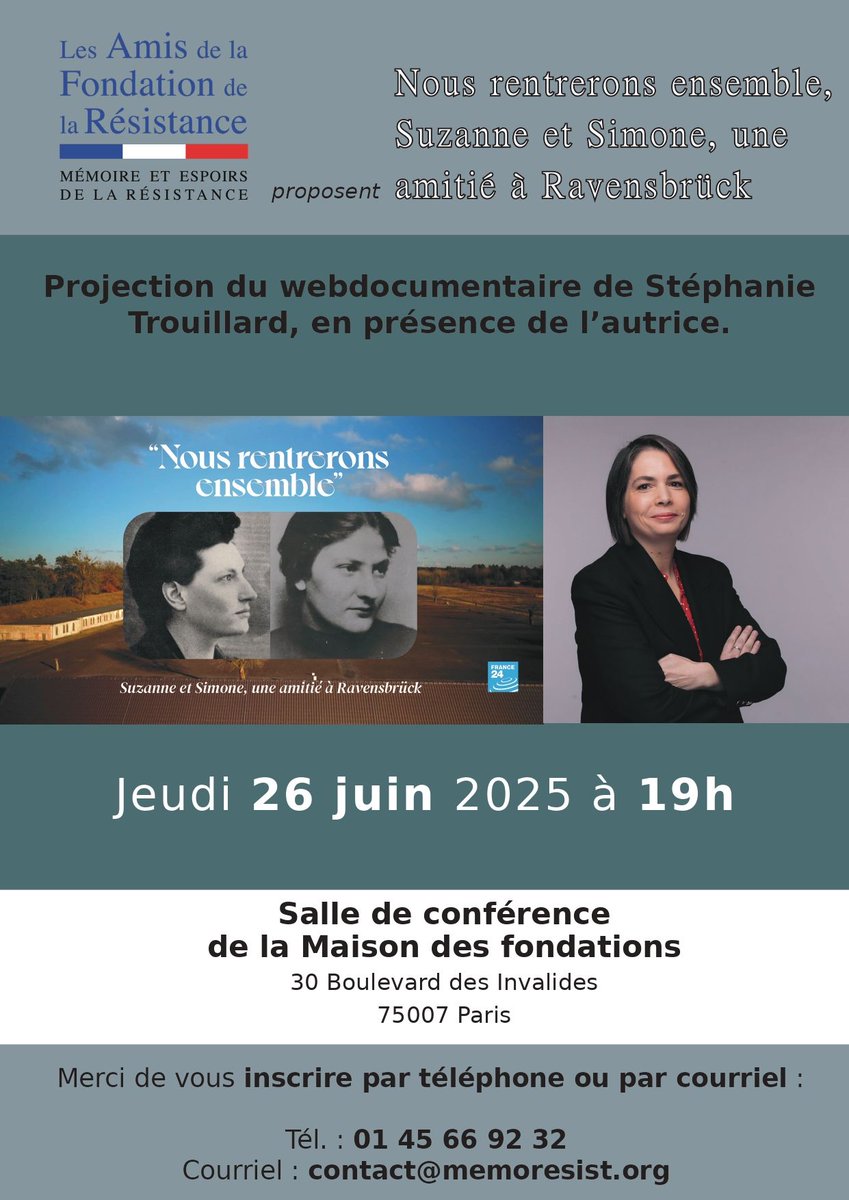 Fondation de la Résistance (@fondationresist) on Twitter photo 📖 Les Amis de la <a href="/fondationresist/">Fondation de la Résistance</a> organisent une rencontre et projection où interviendra Stéphanie Trouillard pour présenter son webdocumentaire.
🗓️Jeudi 26 juin 2025 à 19h.
📌30, Boulevard des Invalides.
➡️Pour s'inscrire : 01.45.66.92.32 ou contact@memoresist.org 📖 Les Amis de la <a href="/fondationresist/">Fondation de la Résistance</a> organisent une rencontre et projection où interviendra Stéphanie Trouillard pour présenter son webdocumentaire.
🗓️Jeudi 26 juin 2025 à 19h.
📌30, Boulevard des Invalides.
➡️Pour s'inscrire : 01.45.66.92.32 ou contact@memoresist.org