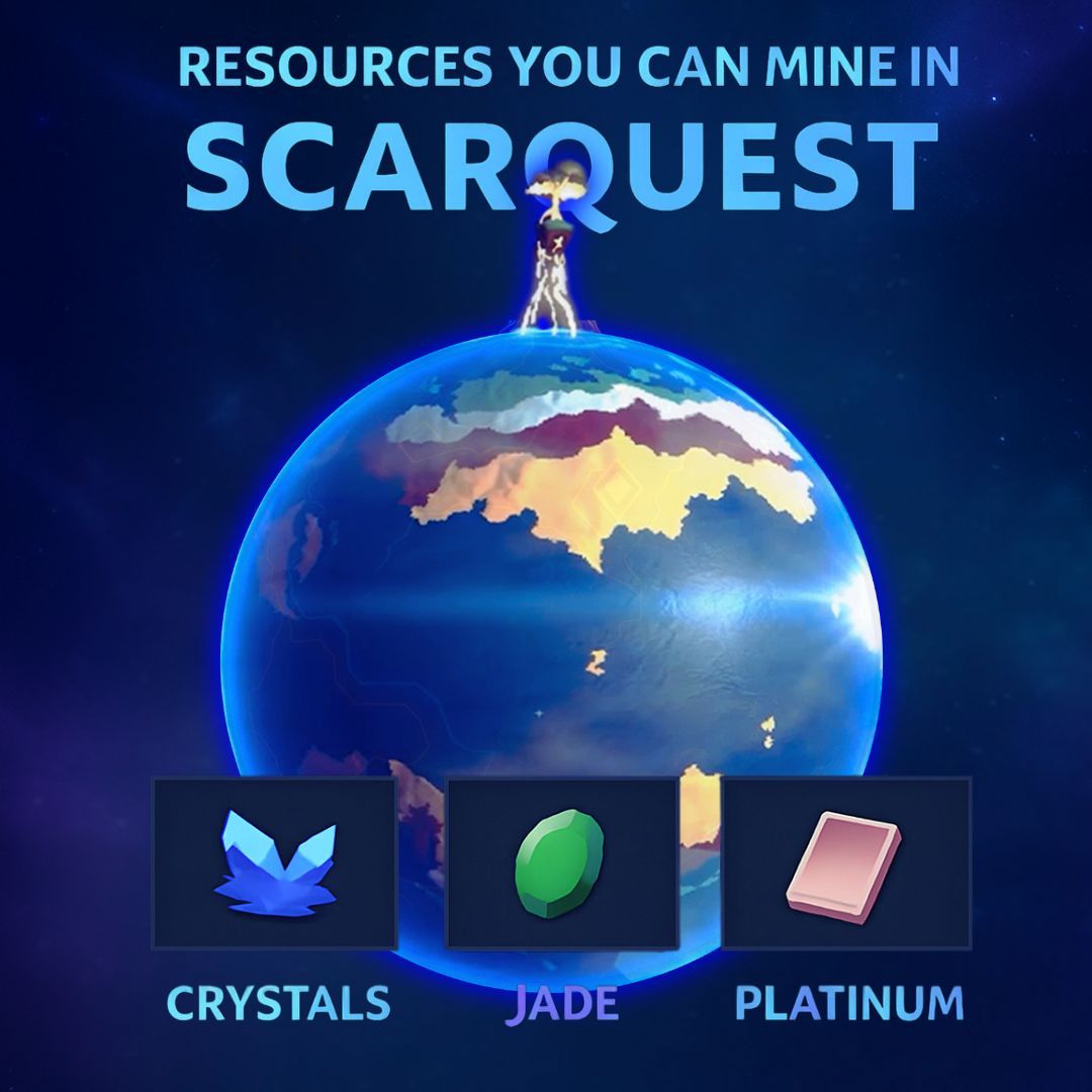 Resources You Can Mine in ScarQuest 🌏

Upgrading and crafting starts with gathering the right materials. Here's what you can mine: 

Crystals – Used for production and general upgrades
Jade – Required for upgrading items up to ★★★★★
Platinum – Essential for upgrading items
