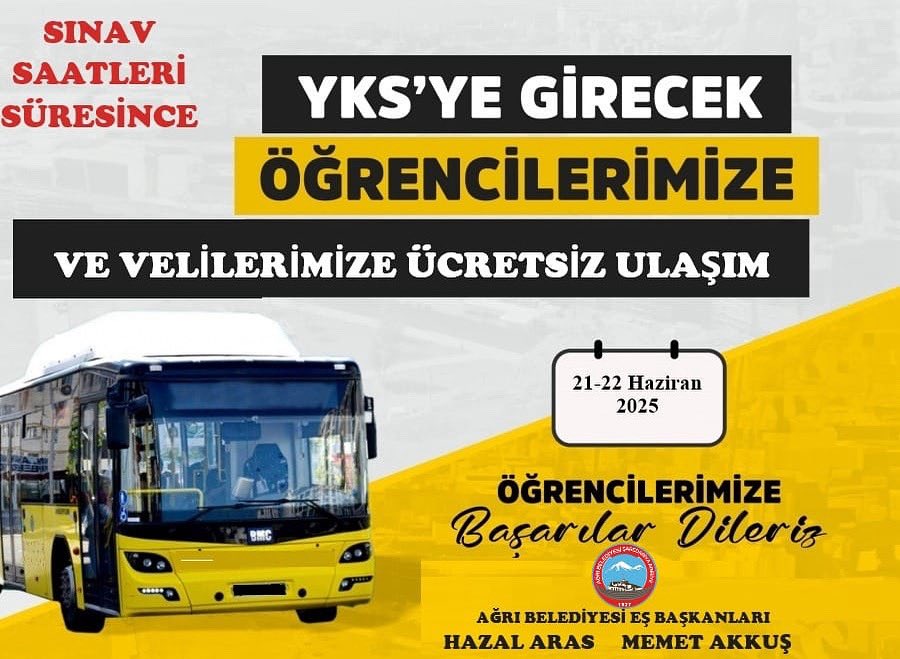 🔴YKS ÖĞRENCİLERİNE VE VELİLERİNE ÜCRETSİZ ULAŞIM DESTEĞİ 

Geleceğimizin teminatı olan gençlerimizin eğitim yolculuklarında yanlarında olmak, bizim en öncelikli görevimizdir. Uzun bir hazırlık sürecinin ardından YKS’ye girecek olan tüm öğrencilerimize başarılar diliyor, sınav