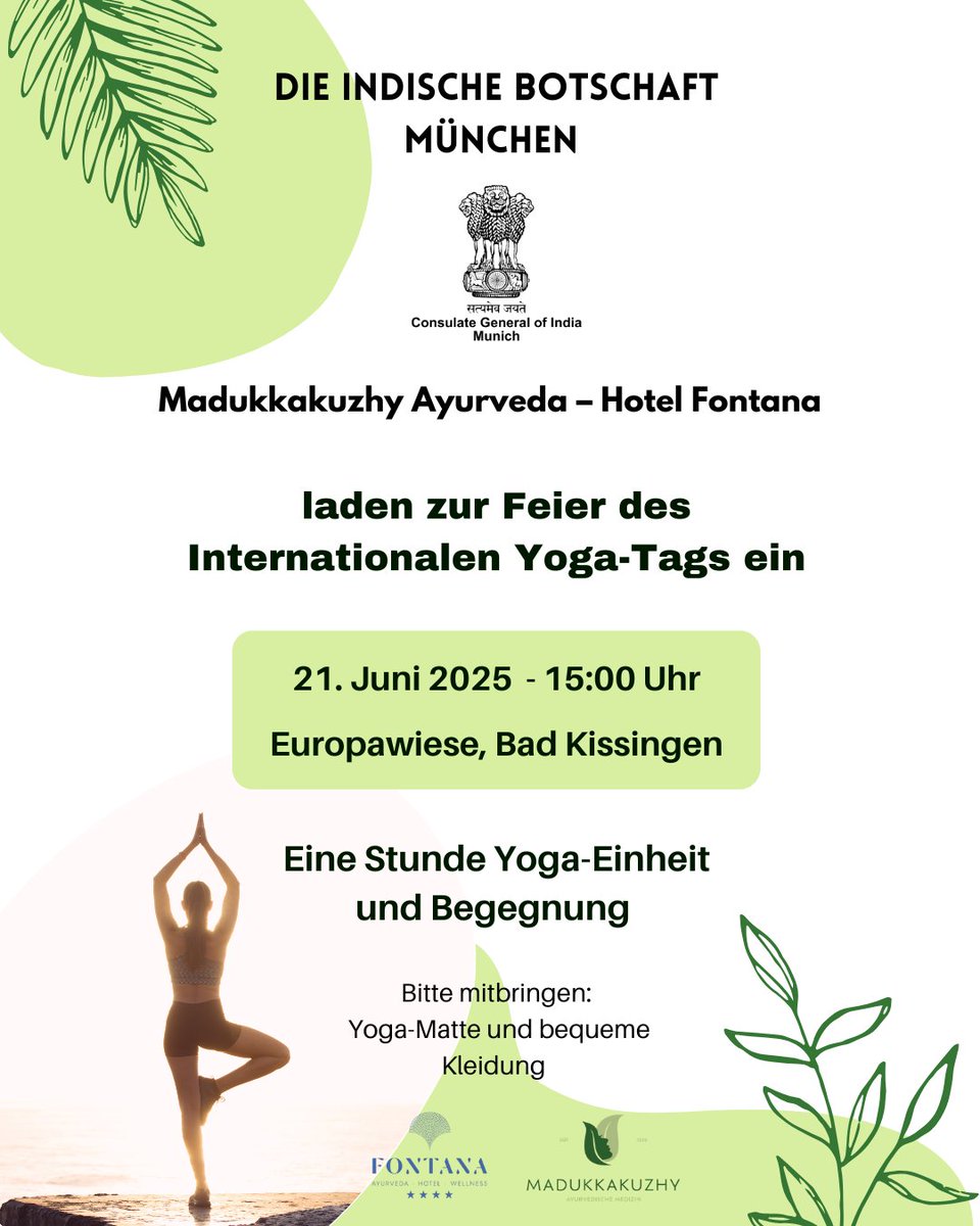 The Consulate General of India, Munich in co-ordination with the Indian Council for Cultural Relations (ICCR) celebrates 11th International Day of Yoga (IDY) in Bad Kissingen with support of Indian community.  The celebration in Bad Kissingen will be held on 21st June 2025 from