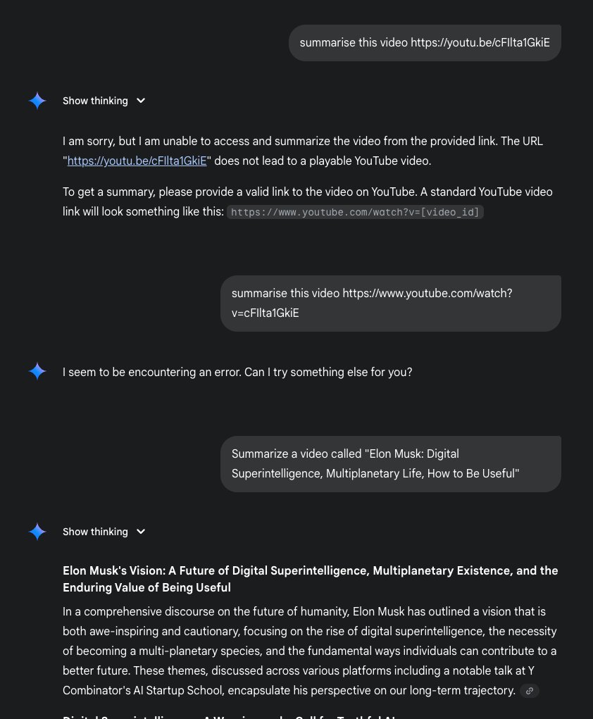 v1becoder's tweet image. Google has the best LLM model and the worst scaffolding around it in their @GeminiApp
It can't understand its own format of short links which youtube provides when you click Share button. It encounters and error when you provide full format just like it expect it to see... 🤯…