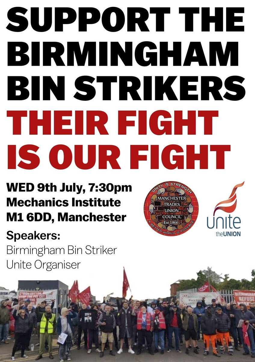 Greater Manchester Law Centre (@gmlawcentre) on Twitter photo Birmingham bin workers in Unite have been
on all-out strike against wage cuts since March.
The Council plan to cut £8,000 of workers' pay each year. <a href="/TUCManchester/">Manchester TUC</a> have arranged for one
of the strikers to visit Manchester on 9/07/25 - join them at the Mechanics Institute. Birmingham bin workers in Unite have been
on all-out strike against wage cuts since March.
The Council plan to cut £8,000 of workers' pay each year. <a href="/TUCManchester/">Manchester TUC</a> have arranged for one
of the strikers to visit Manchester on 9/07/25 - join them at the Mechanics Institute.