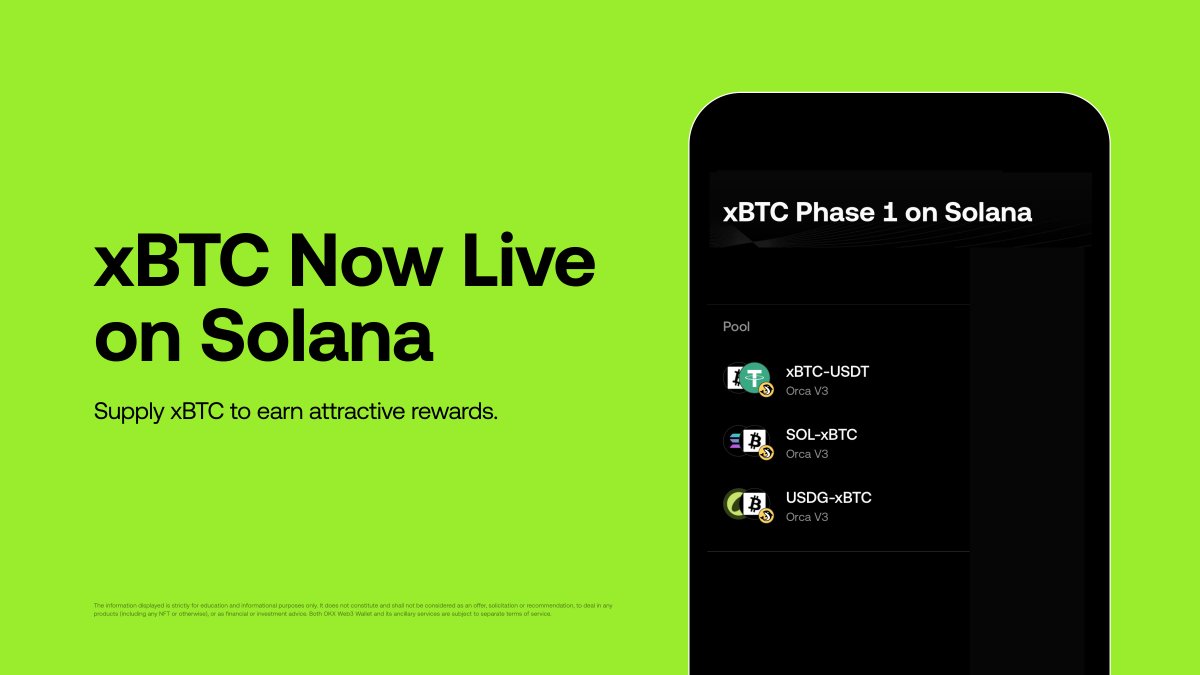 xBTC is now live on @Solana, unlocking Bitcoin-native liquidity for the  Solana DeFi ecosystem. Supply xBTC via Kamino and pair it with $JitoSOL or  stablecoins on Orca to earn attractive rewards over