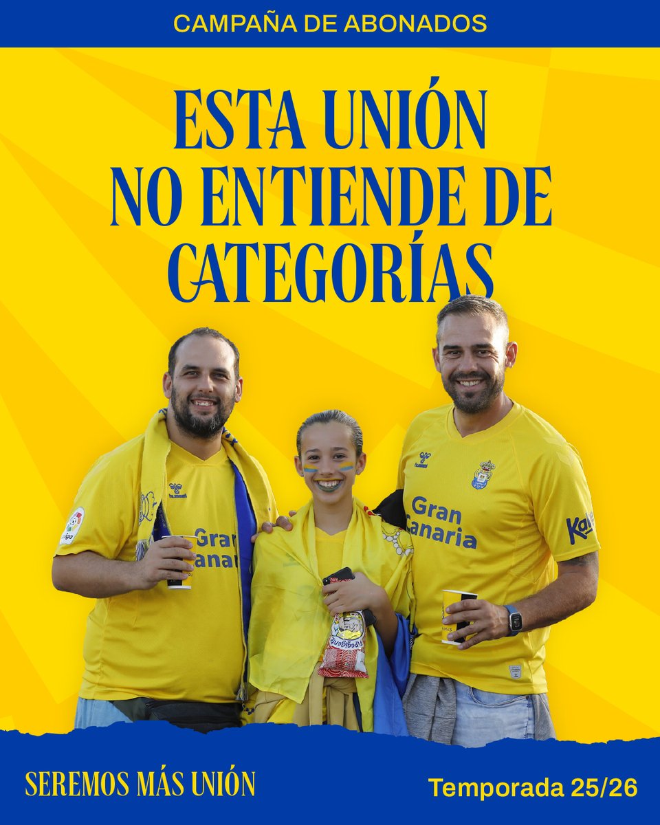 💛💙 ¡Esta temporada #SeremosMásUnión! 💛💙

🗓️ Recuerda los plazos de la campaña de abonados ⬇️
🔁 Renovaciones (online): del 12/06 al 07/07
💻 udlaspalmas.es/campana-abonad…
💺 Cambios de asiento (online): del 09/07 al 14/07
🆕 Nuevas altas: desde el 15/07
🔚 Fin de la campaña: 30/08