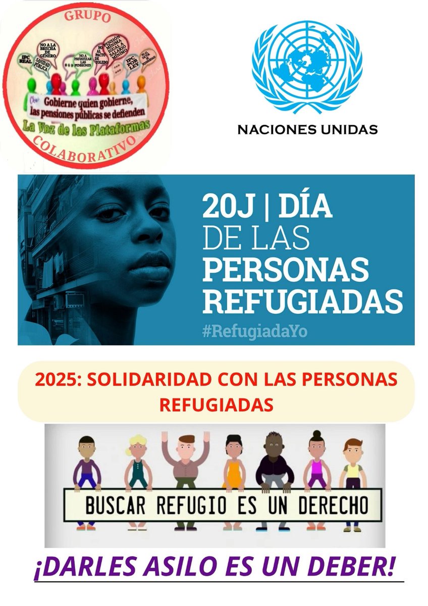 Mov. Defensa Pensions Públicas e do publico Lugo (@modepenl) on Twitter photo # 20J
#DiaPersonasRefugiadas
Solidaridad con las personas refugiadas. 20J día mundial de las personas refugiadas. Buscar refugio es un derecho.
Mañana también podemos ser nosotras personas refugiadas.
<a href="/pensionazo_no/">G. C. LA VOZ de LAS PLATAFORMAS</a>
<a href="/PorLaUnidadPens/">@PorLaUnidadSocial</a>
<a href="/LaVozenIgualdad/">La Voz de las Plataformas por la igualdad.</a> # 20J
#DiaPersonasRefugiadas
Solidaridad con las personas refugiadas. 20J día mundial de las personas refugiadas. Buscar refugio es un derecho.
Mañana también podemos ser nosotras personas refugiadas.
<a href="/pensionazo_no/">G. C. LA VOZ de LAS PLATAFORMAS</a>
<a href="/PorLaUnidadPens/">@PorLaUnidadSocial</a>
<a href="/LaVozenIgualdad/">La Voz de las Plataformas por la igualdad.</a>