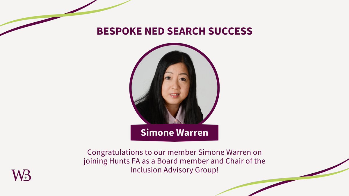 Another fantastic board success - congratulations to our member Simone Warren on your recent appointment to the board of Hunts FA via a recent Bespoke NED Search.

Discover how you can build a better board with us &gt;&gt; wbdirectors.co.uk/board-services/ 

#WomenOnBoards #BuildABetterBoard