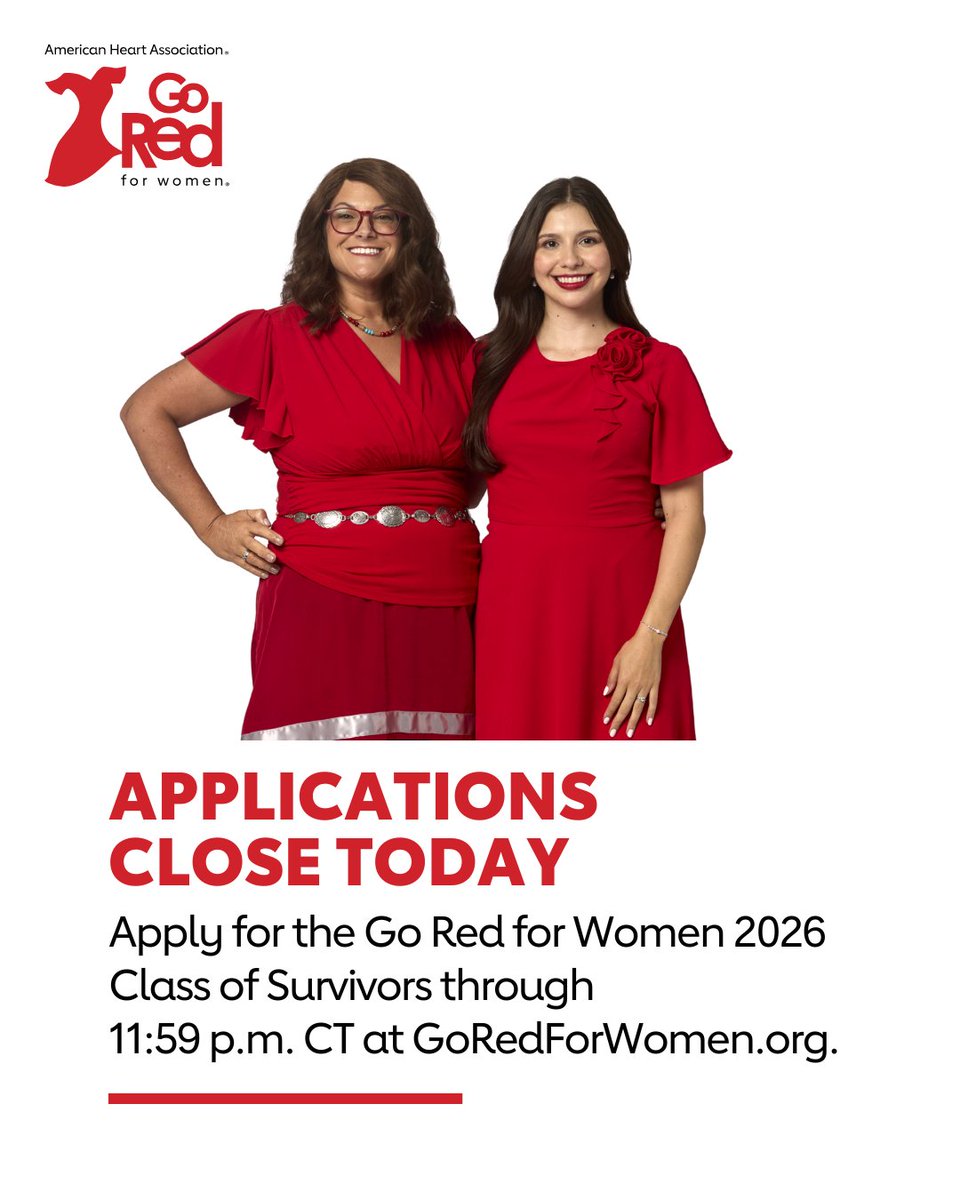 Tell your story. Save lives. That's the goal of our Go Red for Women Class of Survivors, which is a dynamic group of heart and stroke ambassadors changing the world by sharing their stories.

Today is the last day to apply to be a part of our 2026 class: spr.ly/60174V4Vf.