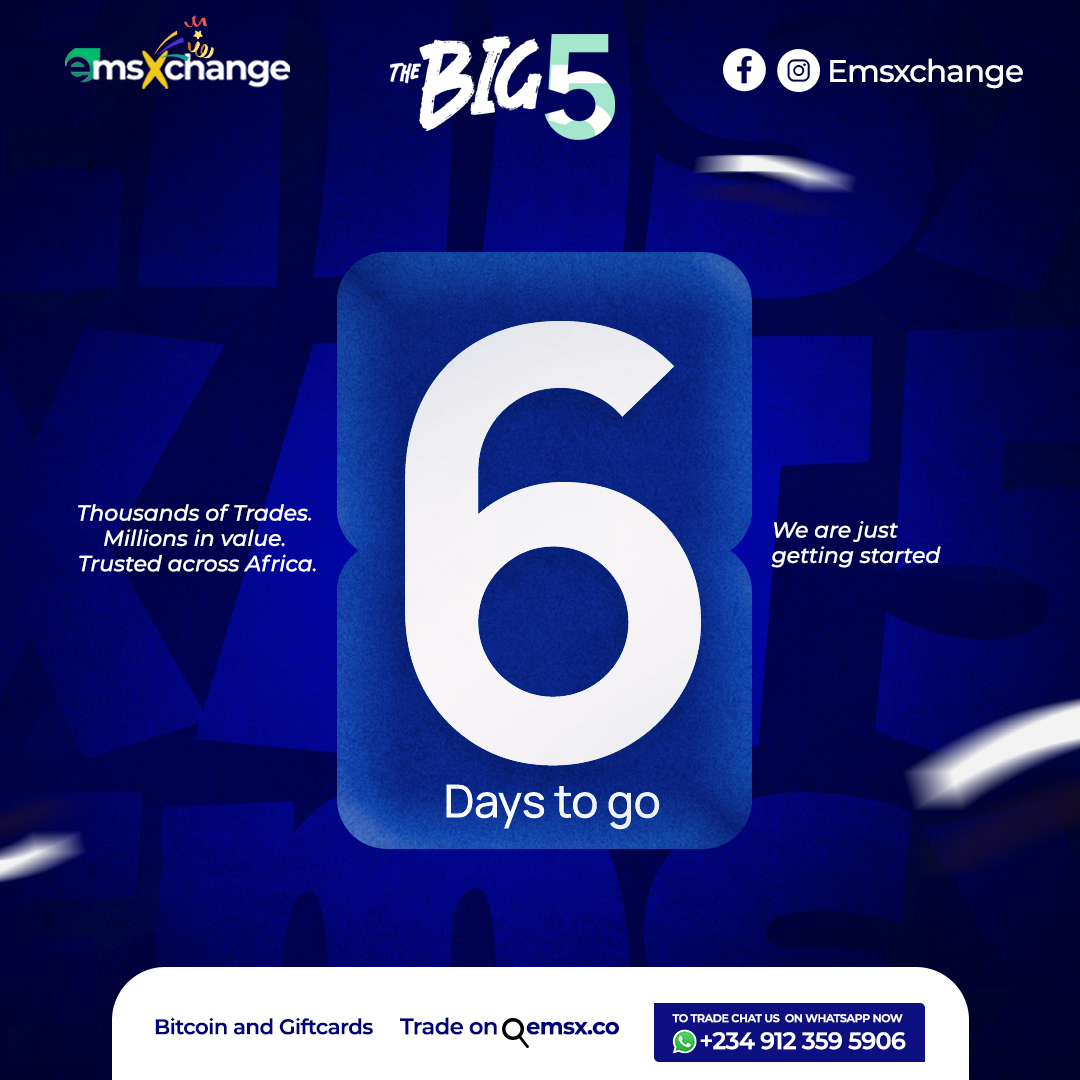 🎉 EmsXchange is turning 5!
From bold idea to trusted platform — we’ve come a long way.
Join us over the next 6 days as we celebrate the journey, the people, and YOU — the heartbeat. ❤️
Let’s make it unforgettable! 🚀
#EmsXat5 #tradewithemsx #GiftCardsToCrypto #FromZeroToFive