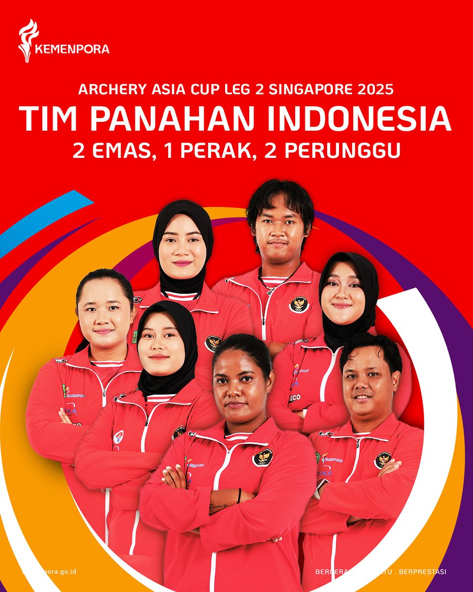 KEMENPORA_RI's tweet photo. 🇮🇩INDONESIA MELESAT DI ASIA✨

Dari Singapura, tim panahan Indonesia sukses memborong 5 medali di ajang Archery Asia Cup Leg 2 Singapore 2025, dengan rincian 2 emas, 1 perak, dan 2 perunggu. https://t.co/oSHMpPOdMe