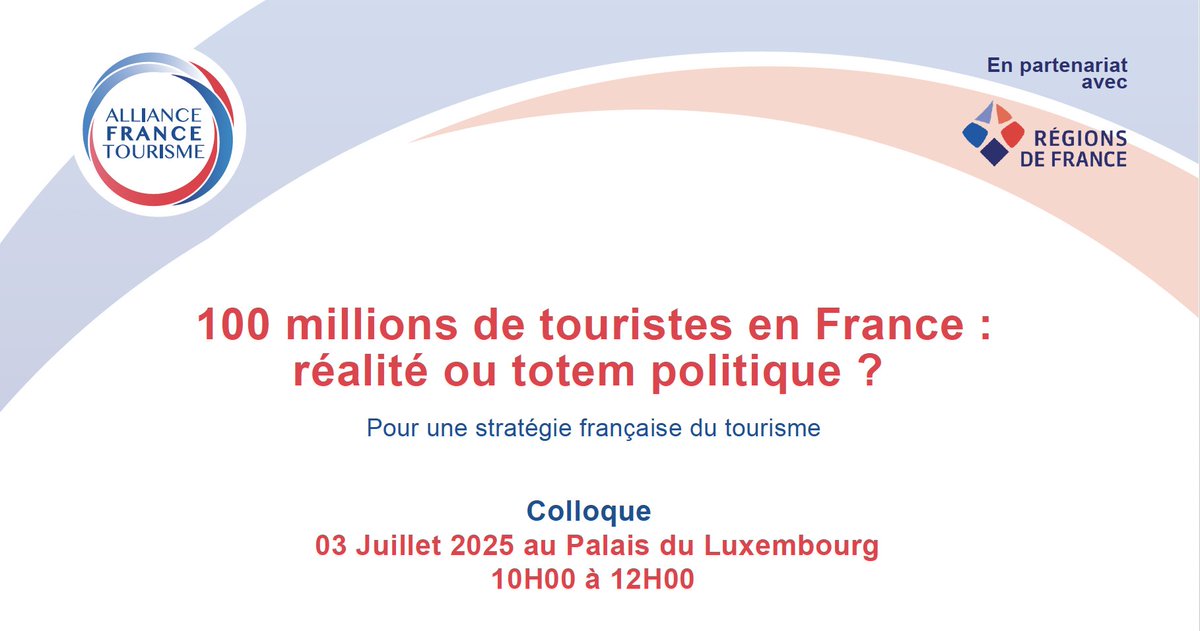 📣 [Colloque] « 100 millions de touristes en France : réalité ou totem politique ? »

Le 3 juillet prochain, <a href="/Regionsdefrance/">Régions de France</a> et <a href="/AllianceFrT/">Alliance France Tourisme</a>, organisent un événement majeur au <a href="/Senat/">Sénat</a> pour interroger l’ambition touristique française à l’horizon 2030.

💬 Trois tables rondes au