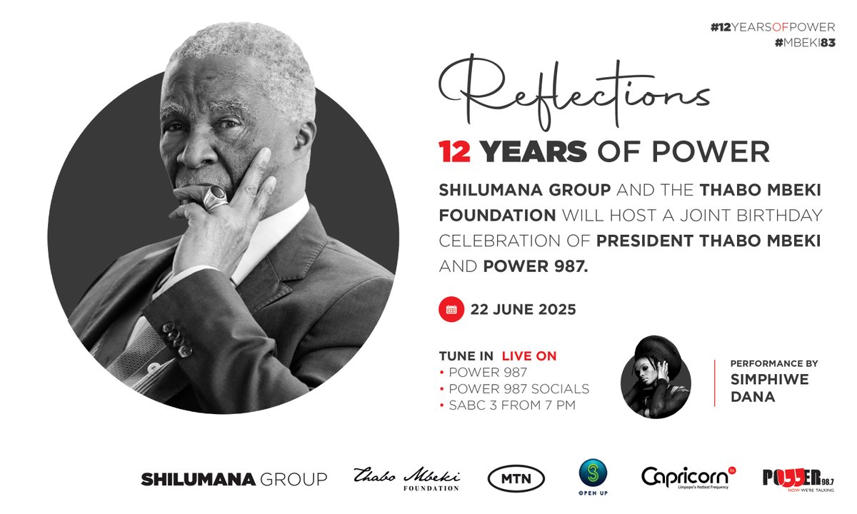 Get ready for #12YearsofPower proudly presented by The Shilumana Group and the Thabo Mbeki Foundation.
Don’t miss our birthday celebration and set your reminder now to join us for the exclusive livestream celebration! youtube.com/live/kYLootHta…