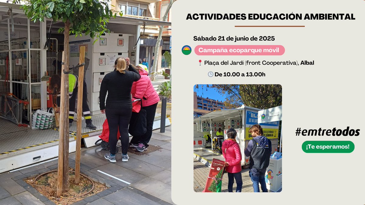 ¿Tienes dudas sobre lo que puedes llevar al ecoparque móvil o sobre cómo separar tus residuos? ♻️

Pásate por el ecoparque móvil de Albal y te enseñaremos a sacarle partido a tu ecoparque móvil más cercano 🚛

¡Te esperamos mañana! #emtretodos 🙌