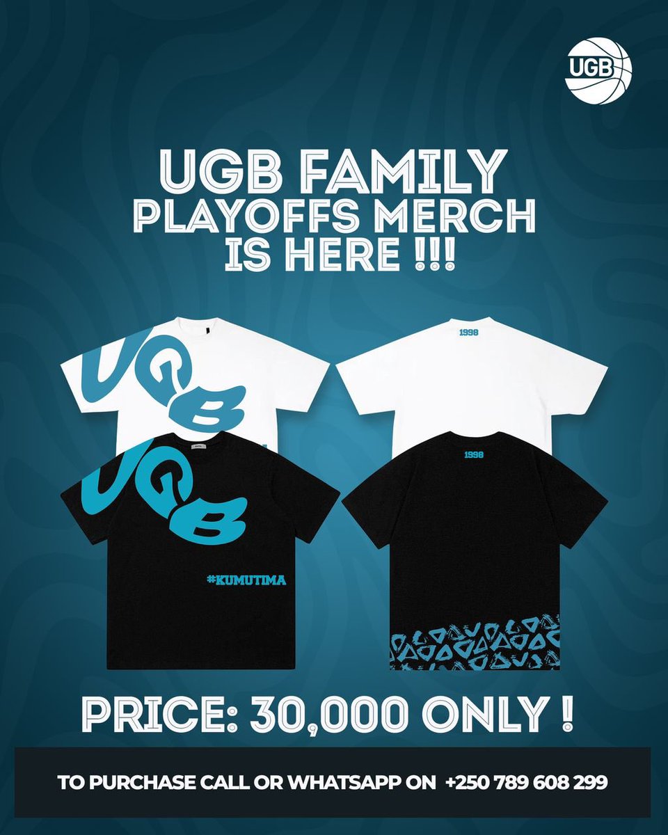 UGB fam, it’s time to rep the squad in style! 🏀🔥
Our official Playoffs Merch just dropped and it’s a MUST-HAVE!

💥 Price: 30,000 RWF
📞 Call/WhatsApp to order: +250 789 608 299

Let’s pull up to the arena 
#KUMUTIMA 💙
#UGBPlayoffs2025
#UGBFamily