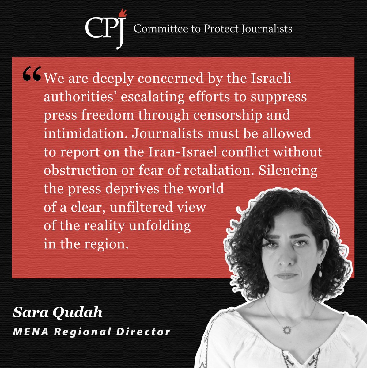 #Israel #Iran: CPJ is deeply concerned by the Israeli authorities’ escalating efforts to suppress press freedom through censorship and intimidation, during the ongoing conflict with Iran.