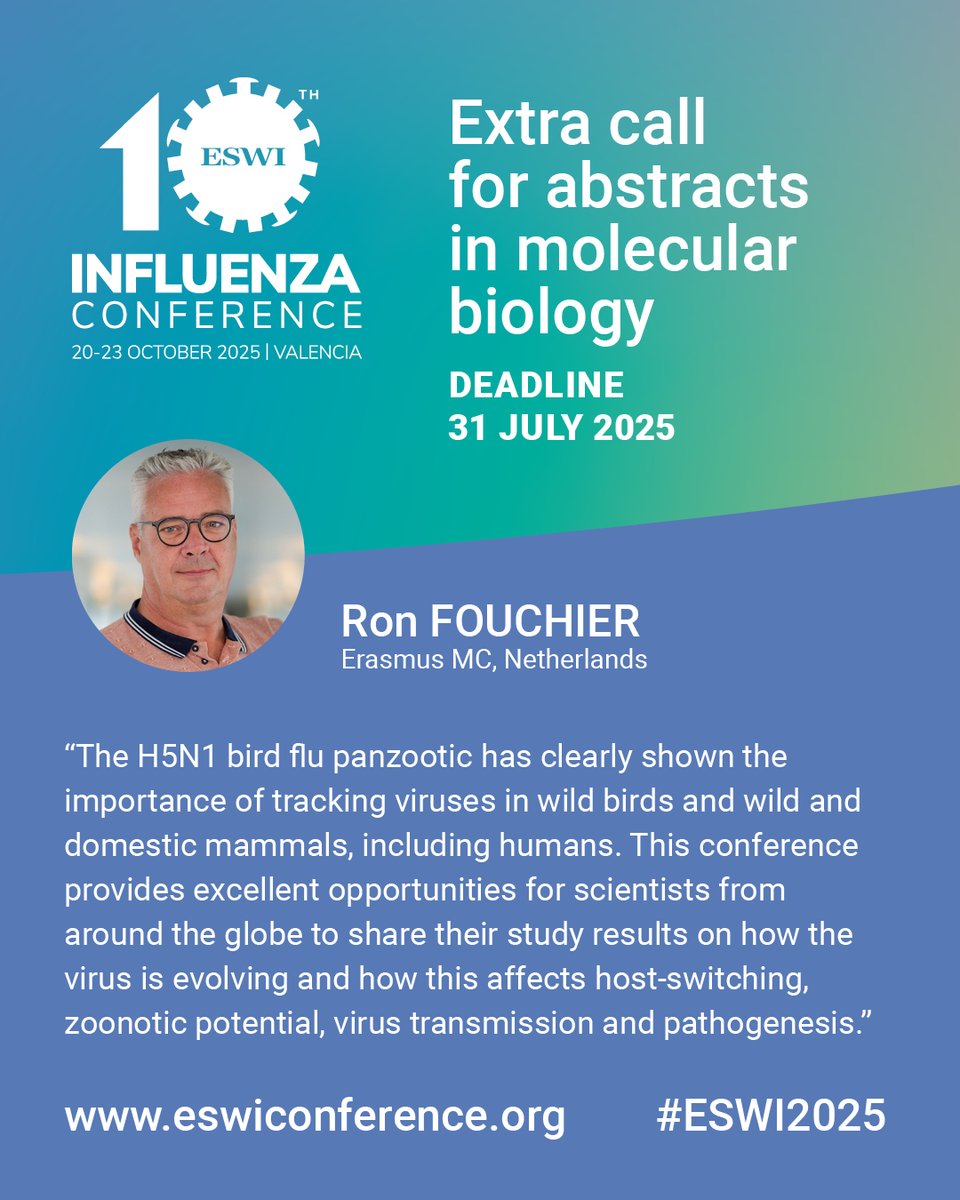 🚨 #ESWI2025 🚨 Key upcoming deadlines 
🐦 Early bird registration ends on 30 June 2025 
🚀 Extra call for abstracts in #Molecular #Virology open until 31 July 2025
🚀 Late breaker abstract submission is open until  10 August 2025
➡️ eswiconference.org/abstract-submi…