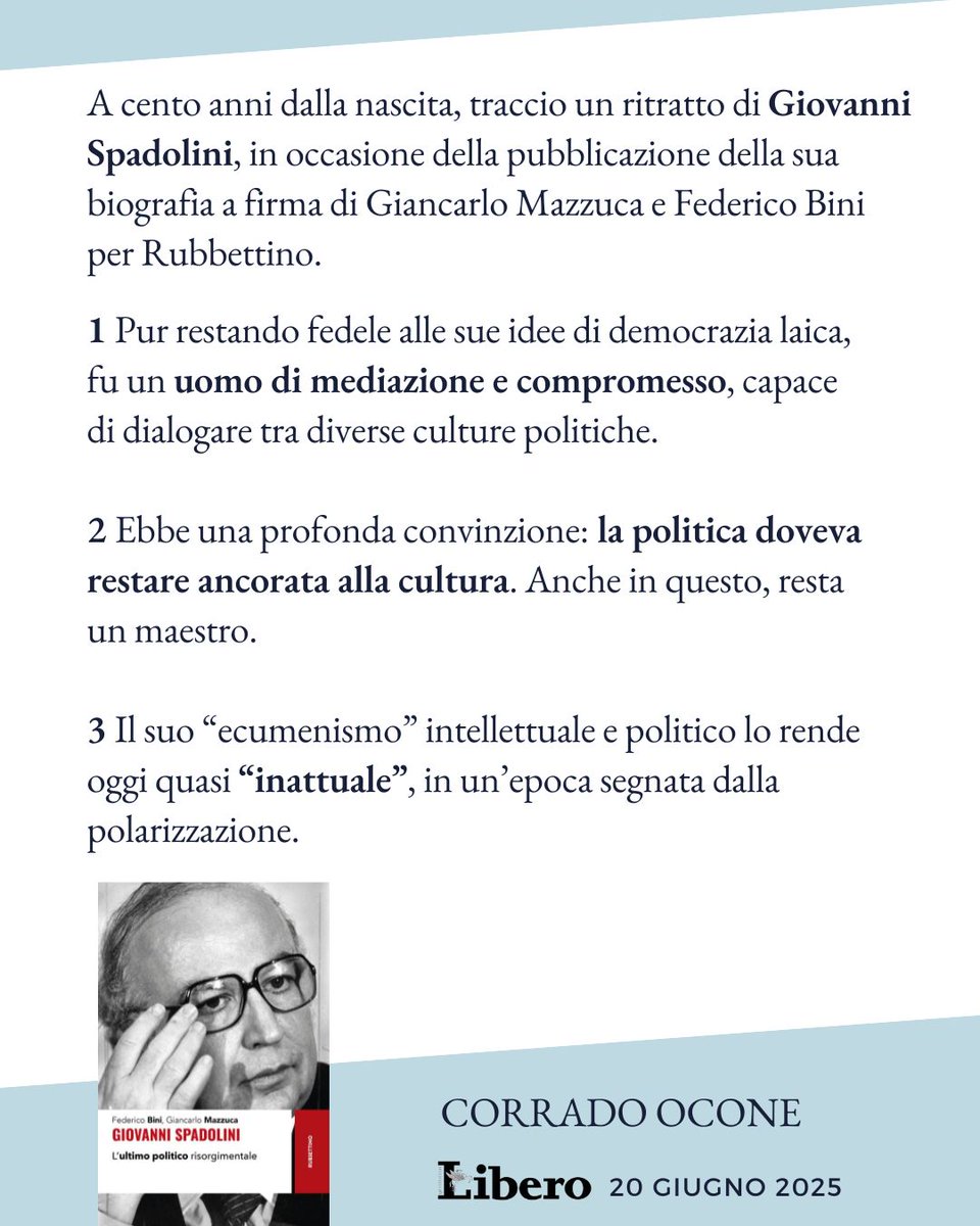 Oggi su Libero, a cento anni dalla nascita, traccio un ritratto di  #GiovanniSpadolini, in occasione della pubblicazione della sua biografia a firma di Giancarlo Mazzuca e <a href="/federico1bini/">federico</a> per <a href="/rubbettinobooks/">Rubbettino Editore</a>.