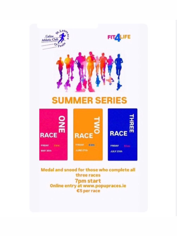 🚨 Fit4Life Summer Series Stage 2 🚨

Stage 2 of our Fit4Life Summer Series takes place next Friday evening 27th June

4K - Friday 27th June
5K - Friday 25th July 

🕖 7pm Start
€5 per race
Online entries at popupraces.ie

We are looking forward to seeing you all 🏃‍♀️🏃