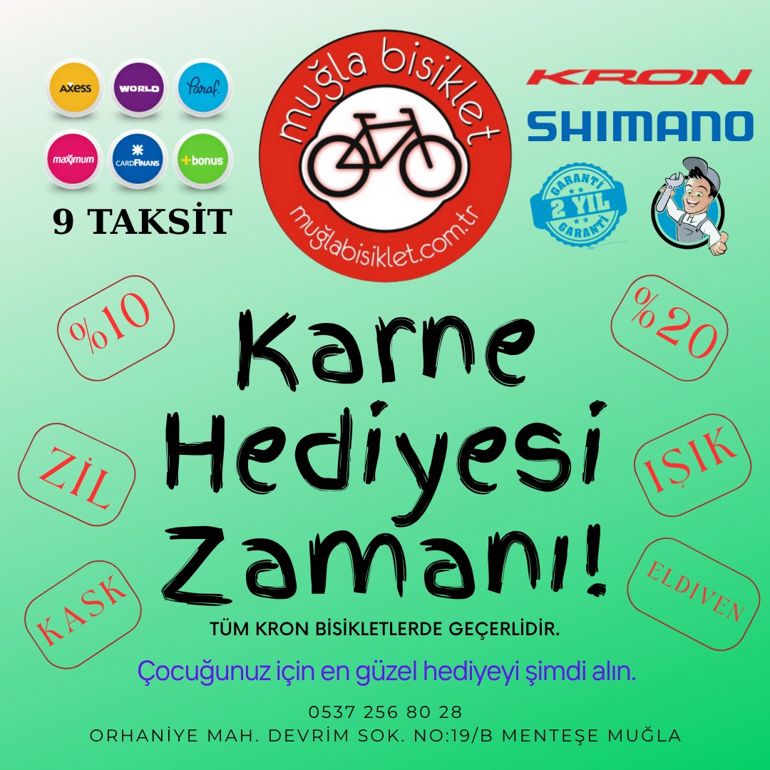 📢 Sevgili veliler, gençler ve çocuklar bu kampanya ve indirimler sizin için!

⚠️ Kampanya ve hediyeler stoklarla sınırlıdır. 

📞 Mağazamıza gelerek detaylı bilgi alabilirsiniz. 

#muglabisiklet #kronbisiklet #mugla #mentese #indirim #hediye #kampanya #karne #tatil