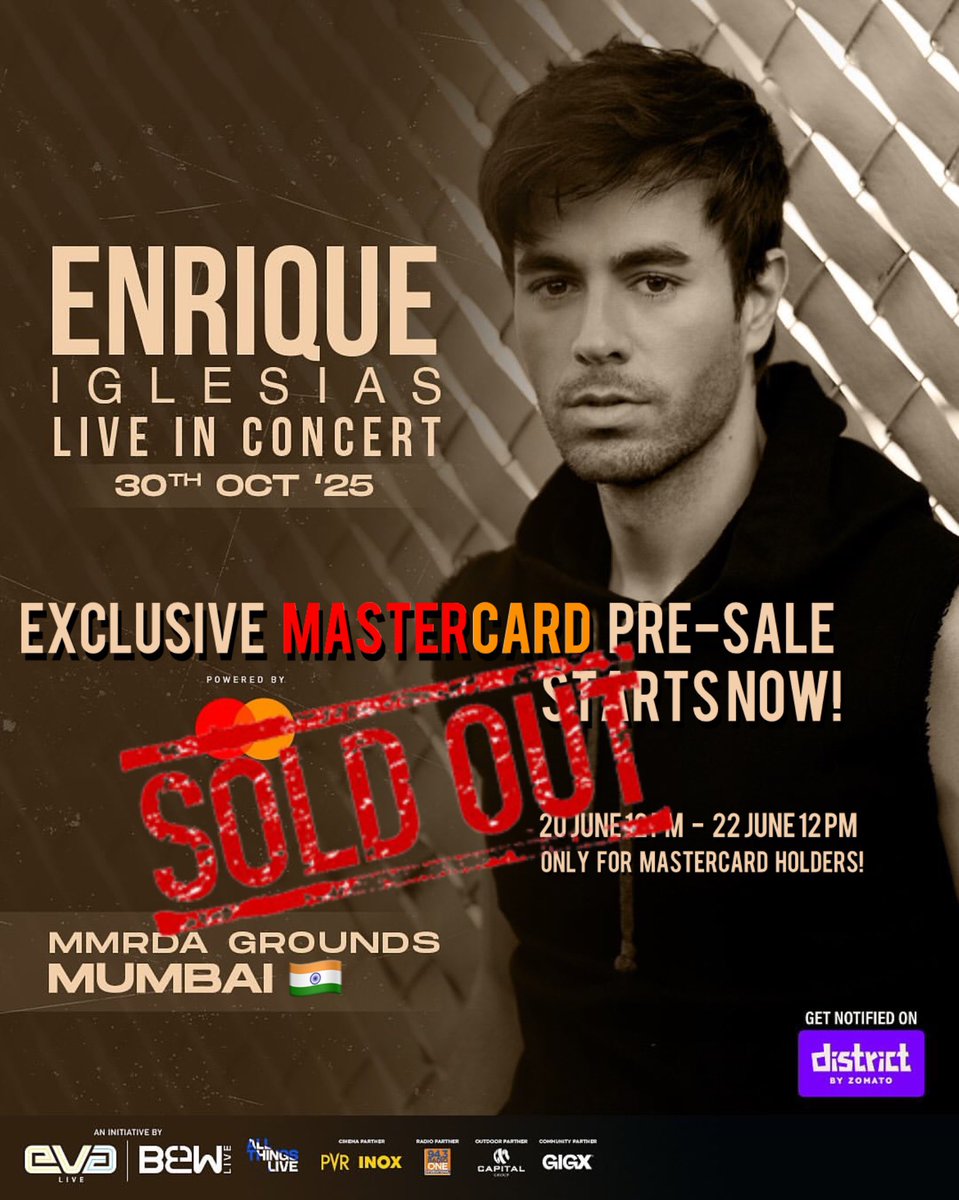 🚨INDIA!
Mastercard Exclusive pre-sale is 𝐒𝐎𝐋𝐃 𝐎𝐔𝐓!!!

🎫 Fan pre-sale starts: 27 June 12:30 PM
🎫 General sale starts:  27 June 5 PM 
Tickets on <a href="/lifeindistrict/">Aastha</a> 

🏟️ MMRDA Grounds (30 OCT 2025)
📍Mumbai, India
#EnriqueInIndia 🇮🇳