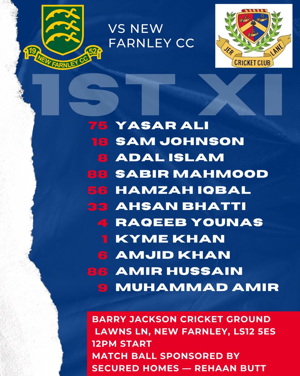 Jer Lane CC (@jerlanecc) on Twitter photo The 1st XI travel to <a href="/NewFarnleyCC/">New Farnley CC</a> in a tough test on Saturday. Unbeaten in the league thus far, New Farnley will be keen to remain unbeaten but Yasar and his troops will hope to give them a first defeat.
One change, Amaan makes way and experienced Amjid Khan comes in. The 1st XI travel to <a href="/NewFarnleyCC/">New Farnley CC</a> in a tough test on Saturday. Unbeaten in the league thus far, New Farnley will be keen to remain unbeaten but Yasar and his troops will hope to give them a first defeat.
One change, Amaan makes way and experienced Amjid Khan comes in.