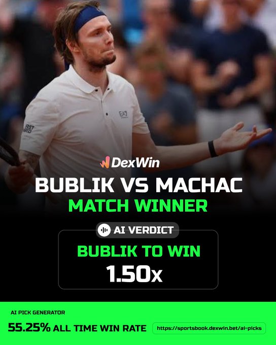 ATP Halle 🇩🇪 Tennis Betting Predictions, Tennis Betting Lines & Tennis Betting Odds Today 

✅ ALEXANDER BUBLIK to def TOMAS MACHAC ✅ 

Follow @DexWin_Sports for the best Tennis betting odds, Tennis betting picks and Tennis predictions today 🎾
