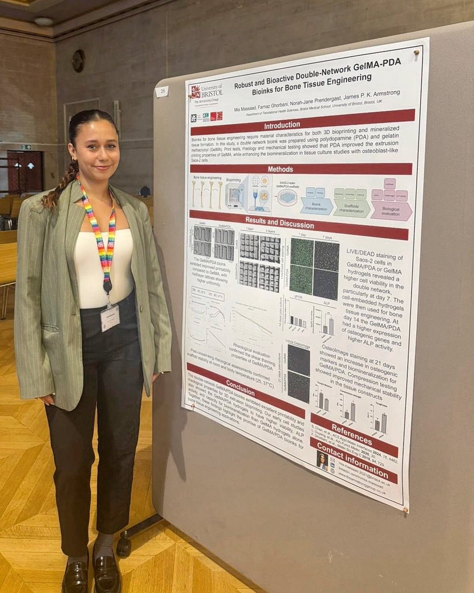 Farnaz Ghorbani (@farnaz23591) on Twitter photo Thrilled to see Mia Massaad presenting our research (<a href="/Farnaz23591/">Farnaz Ghorbani</a> <a href="/jrmstrng/">James Armstrong</a> <a href="/BristolUni/">University of Bristol</a>) at <a href="/TCES2025/">TCES 2025</a> on double network GelMA-PDA #bioinks.
Happy to support Miaās journey on her MSc thesis and to see her confidently share the findings with the wider research community. Thrilled to see Mia Massaad presenting our research (<a href="/Farnaz23591/">Farnaz Ghorbani</a> <a href="/jrmstrng/">James Armstrong</a> <a href="/BristolUni/">University of Bristol</a>) at <a href="/TCES2025/">TCES 2025</a> on double network GelMA-PDA #bioinks.
Happy to support Miaās journey on her MSc thesis and to see her confidently share the findings with the wider research community.