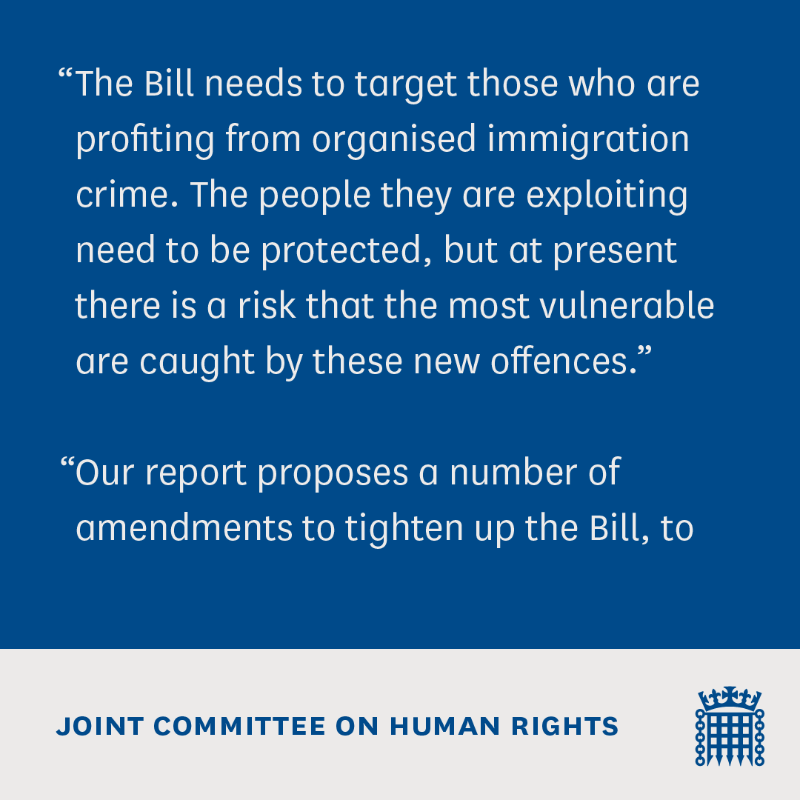 HumanRightsCtte's tweet photo. We have published a report on the Border Security, Asylum and Immigration Bill.

We are calling for amendments to tighten the Bill to punish the perpetrators and not the victims.

Read all our recommended amendments: https://t.co/UbJXzawsGM