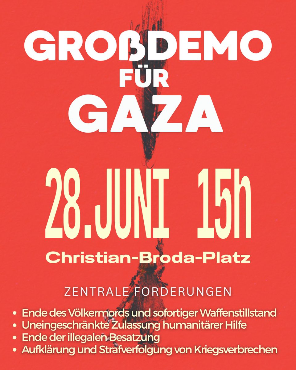 Diesen Samstag demonstrieren Dutzende Organisationen in #Wien gemeinsam für Gaza. Wer ein Ende des Völkermords und Gerechtigkeit für Kriegsverbrechen fordert: Kommt und erhebt eure Stimme! 🇵🇸🕊️📢 #GazaGenocide #w2806 grossdemowien.at
