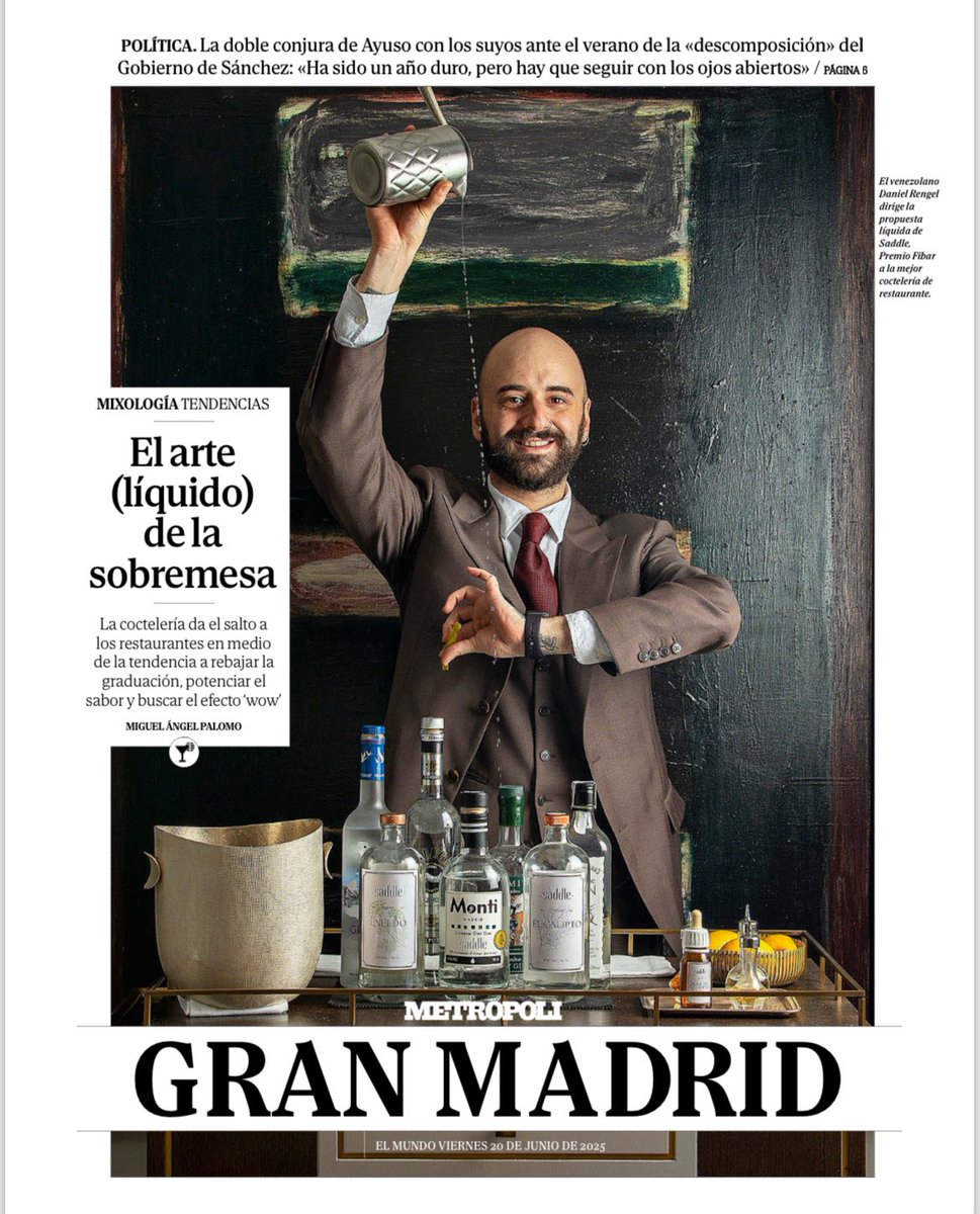 Hoy hacemos portada de <a href="/Metropoli_EM/">Metrópoli</a> <a href="/EM_GranMadrid/">El Mundo Gran Madrid</a> a Daniel Rengel de Saddle.

Dentro, más restaurantes de Madrid para beber buenos cócteles en la mesa. Ugo Chan, Pabblo, RavioXO, Caluana, Llama Inn, Mateo Honten, Los 33.
Menciones a Gofio, Dstage, Kappo, Roostiq Bar, Oroya…