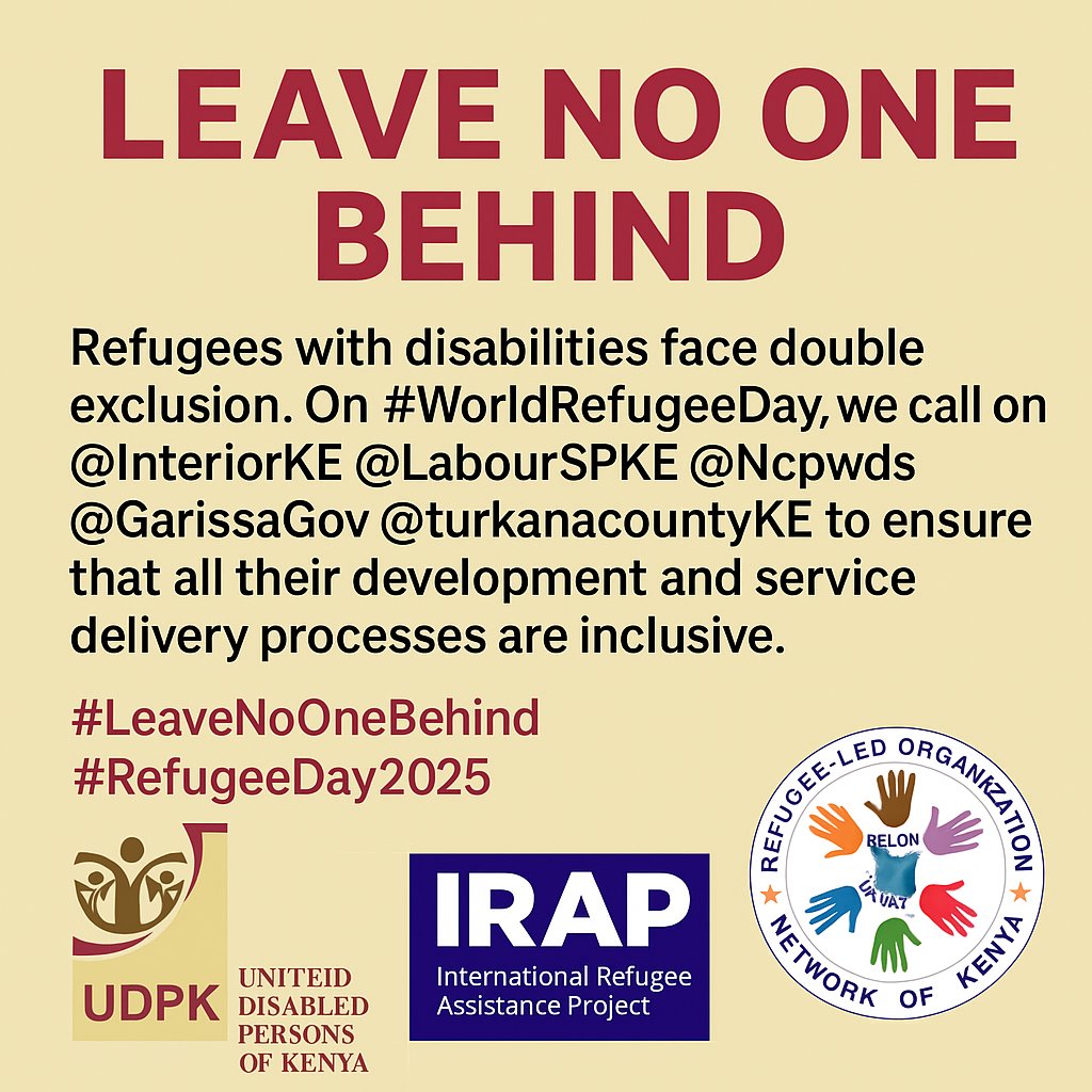 UDPK (@udpkenya) on Twitter photo Refugees with disabilities face double exclusion. On #WorldRefugeeDay, we call on the Government, including <a href="/InteriorKE/">Ministry of Interior | Kenya</a>, <a href="/LabourSPKE/">Ministry of Labour and Social Protection</a>, @Ncpwd, <a href="/GarissaGov/">Garissa County Gvt.</a> @turkanacountyKE to ensure that all their development and service delivery processes are inclusive. <a href="/IRAP/">IRAP</a> <a href="/RCKKenya/">Refugee Consortium of Kenya (RCK)</a> <a href="/Refugees/">UNHCR, the UN Refugee Agency</a> Refugees with disabilities face double exclusion. On #WorldRefugeeDay, we call on the Government, including <a href="/InteriorKE/">Ministry of Interior | Kenya</a>, <a href="/LabourSPKE/">Ministry of Labour and Social Protection</a>, @Ncpwd, <a href="/GarissaGov/">Garissa County Gvt.</a> @turkanacountyKE to ensure that all their development and service delivery processes are inclusive. <a href="/IRAP/">IRAP</a> <a href="/RCKKenya/">Refugee Consortium of Kenya (RCK)</a> <a href="/Refugees/">UNHCR, the UN Refugee Agency</a>