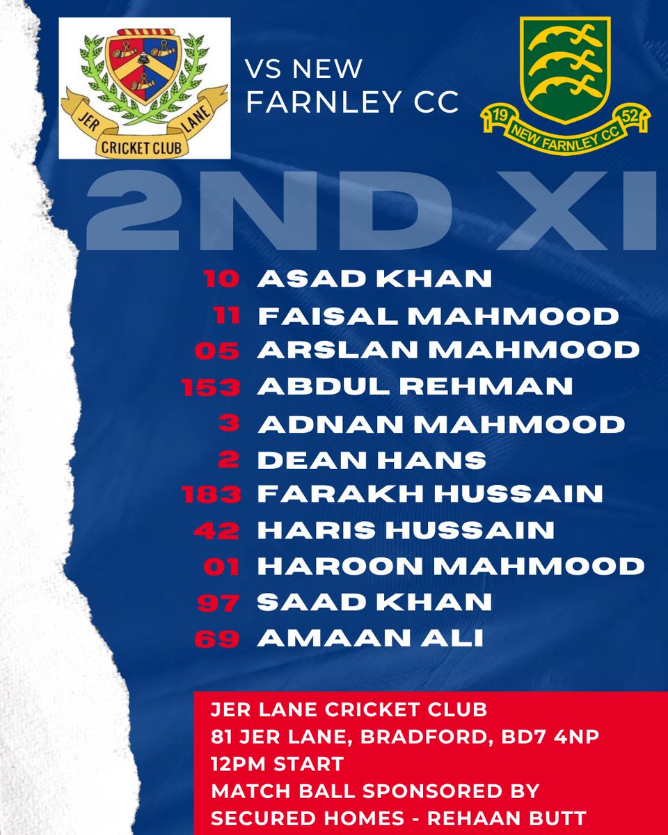 Jer Lane CC (@jerlanecc) on Twitter photo The 2nd XI welcome <a href="/NewFarnleyCC/">New Farnley CC</a> to Jer Lane on Saturday in what looks to be a tough encounter. New Farnley currently sit top with Jer Lane 2nd, the boys will look to hopefully close that gap on Saturday.
Adnan, Arslan, Amaan and Haris are all welcomed back into the side. The 2nd XI welcome <a href="/NewFarnleyCC/">New Farnley CC</a> to Jer Lane on Saturday in what looks to be a tough encounter. New Farnley currently sit top with Jer Lane 2nd, the boys will look to hopefully close that gap on Saturday.
Adnan, Arslan, Amaan and Haris are all welcomed back into the side.
