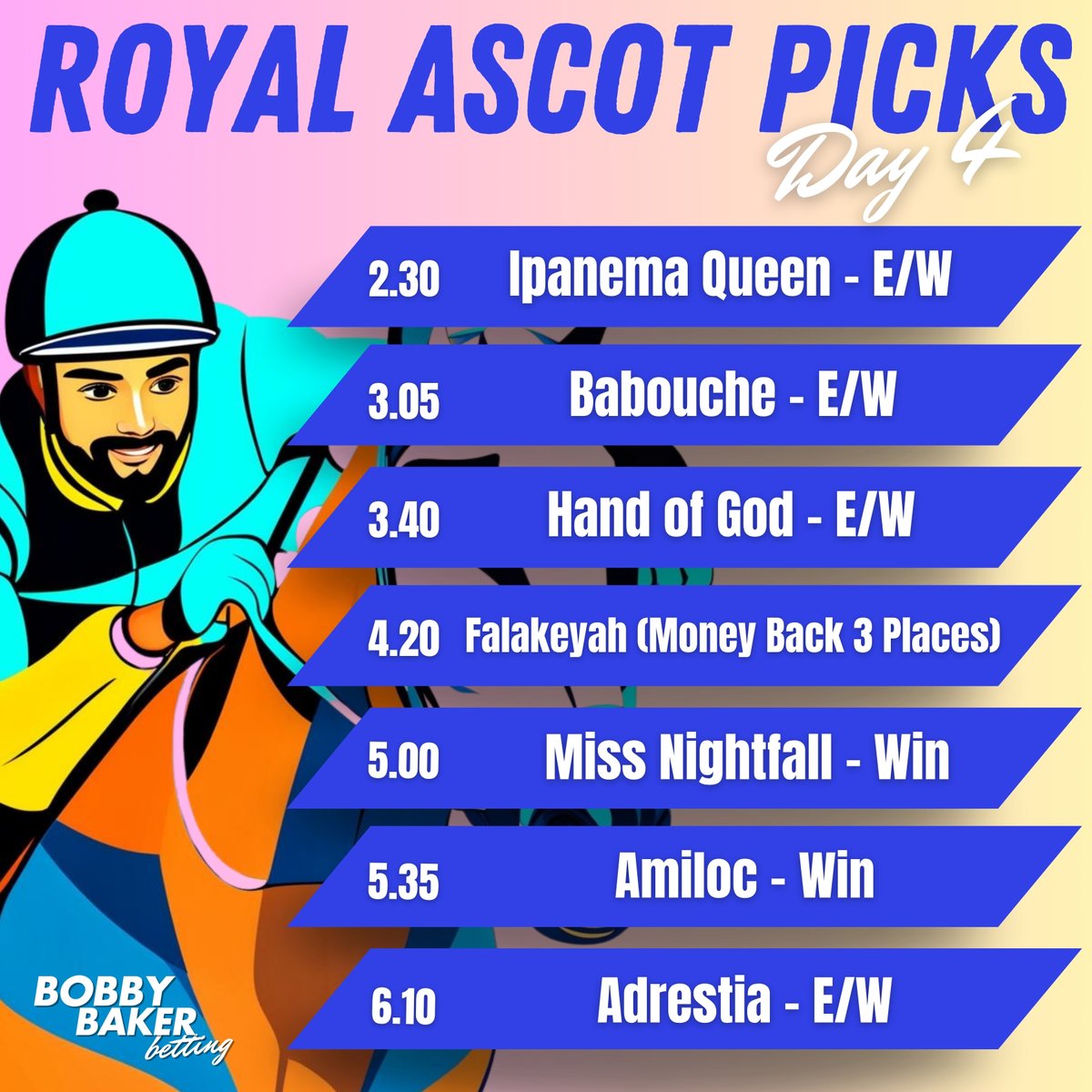 BobbyBakerBets's tweet photo. 🏇ROYAL ASCOT DAY FOUR🏇

😍3 days of profit so far, &amp; £200 CASH GIVEN AWAY, let's go again.

If MISS NIGHTFALL (5.00) and AMILOC (5.35) both win, I'll give...

❤️£50 TO SOMEONE WHO LIKES
♻️£50 TO SOMEONE WHO RETWEETS
👉Must follow myself and @TheJJTips to enter

Best of luck!🤞 https://t.co/edMJznozjW