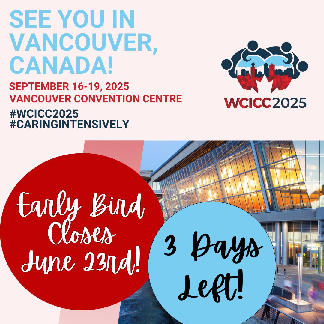 3 days left for Early Bird discounts! Register for #WCICC2025 now to get the best rate! wcicc2025.com/registration

#WCICC2025 <a href="/WFICCcomms/">WFICC</a> #CCCS <a href="/CACCN1/">CACCN</a> <a href="/CSRT_tweets/">Canadian Society of Respiratory Therapists</a>