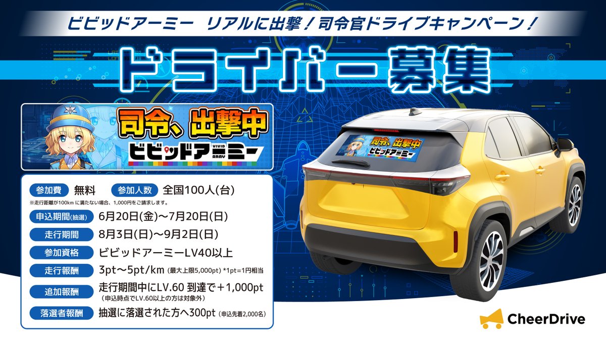 ／ 
ドライブで最大6,000円分GET💰新キャンペーンのお知らせ📣
＼

人気ブラウザゲーム「ビビッドアーミー」リアルに出撃！司令官ドライブキャンペーン！募集開始🚗💨

＜参加条件＞
ビビッドアーミーLV40以上（10日程度のプレイで到達可能）✨