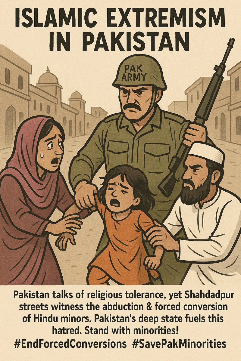 Rubeena75590151's tweet image. Islamic Extremism in Pakistan: Pakistan talks of religious tolerance, yet Shahdadpur’s streets witness the abduction &amp;amp; forced conversion of Hindu minors. Pakistan’s deep state fuels this hatred. Stand with minorities! #EndForcedConversions #SavePakMinorities
