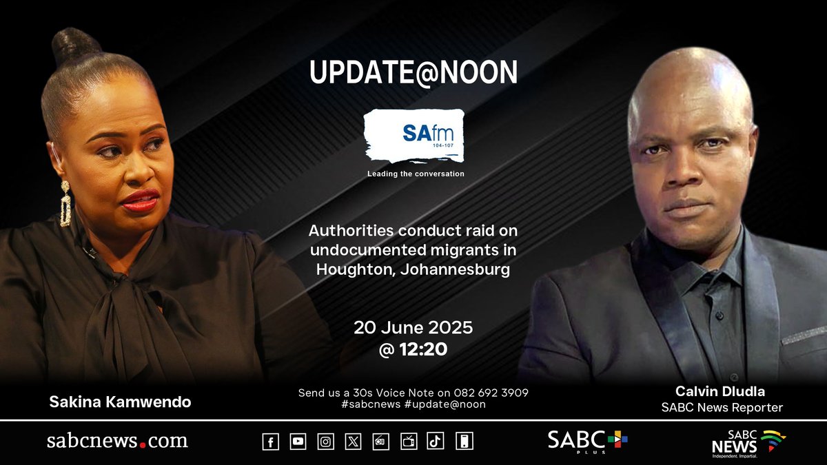 SABCNews_Radio's tweet photo. [COMING UP] Authorities conduct raid on undocumented migrants in Houghton, Johannesburg.

#UpdateAtNoon #SABCNews https://t.co/cxpZMk0S01
