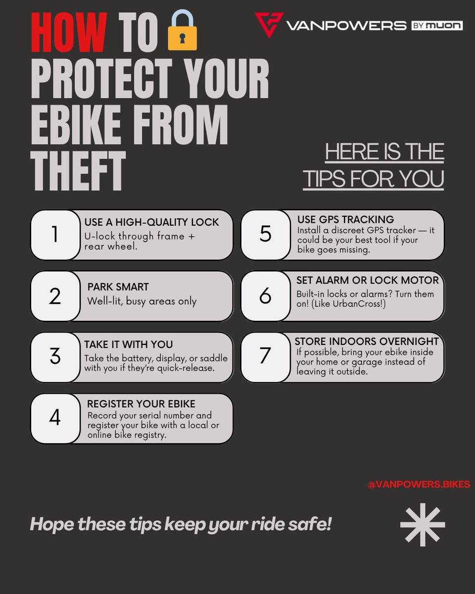 VanpowersBike's tweet image. Keep your ebike safe, ride worry-free! 🔒🚴♂️
Ebike theft is real — but with a few smart habits, you can stay one step ahead.
Ride smart. Lock smarter.
#EbikeTips #BikeSecurity #AntiTheft #Vanpowers  #EbikeLife #RideSafe #LockItUp