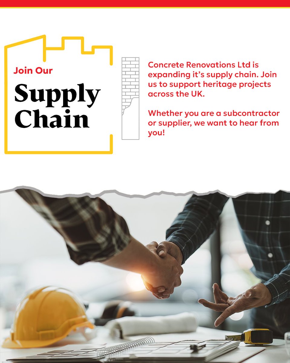 🔨 We’re expanding our supply chain! Concrete Renovations Ltd is 

looking for reliable suppliers &amp; subcontractors. Want to join our system? go to bit.ly/4e8q0nm #ConstructionUK #HeritageRestoration