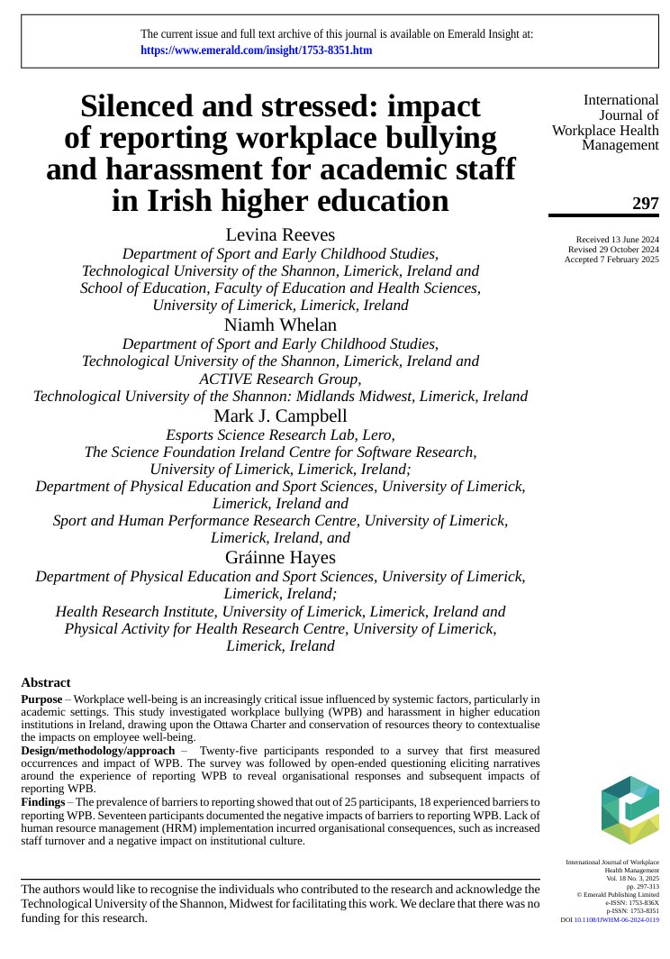 Our research on Irish academic staff shows reporting #workplacebullying hindered by systemic issues, leading to serious psychological, career, and financial impacts calls for #HRreform and #leadershipchanges emerald.com/insight/conten…