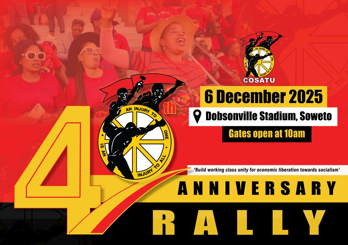 Dear #Shopstewards: You are hereby requested to popularise the announcement of #COSATU's 40th Anniversary celebrations coming on Dec 6 at the Dobsonville Stadium, Soweto at 10h00 #Cosatu40Anniversary #Cosatu@40
<a href="/MorningLiveSABC/">SABCNews_MorningLive</a>
<a href="/ewnupdates/">Eyewitness News</a>
<a href="/POWER987News/">POWER987News</a>
<a href="/SABCNews/">SABC News</a>
<a href="/CapricornFMNews/">CapricornFM News</a>
