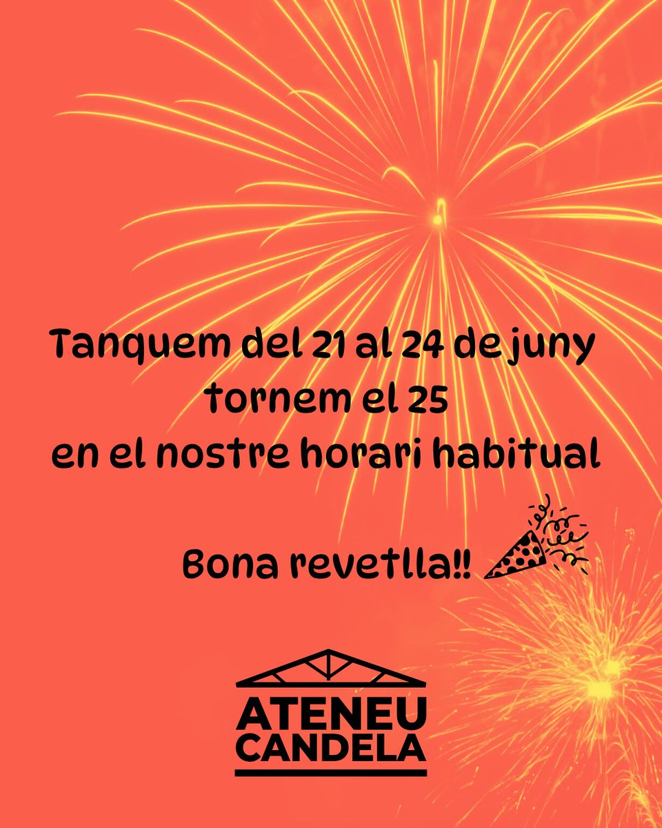 🌞 Bon dia!
Us informem que estarem tancats del 21 al 24 de juny.
Tornem a obrir amb el nostre horari habitual el dimecres 25 de juny!

🎇 Que tingueu una bona revetlla i gaudiu molt d’aquests dies!