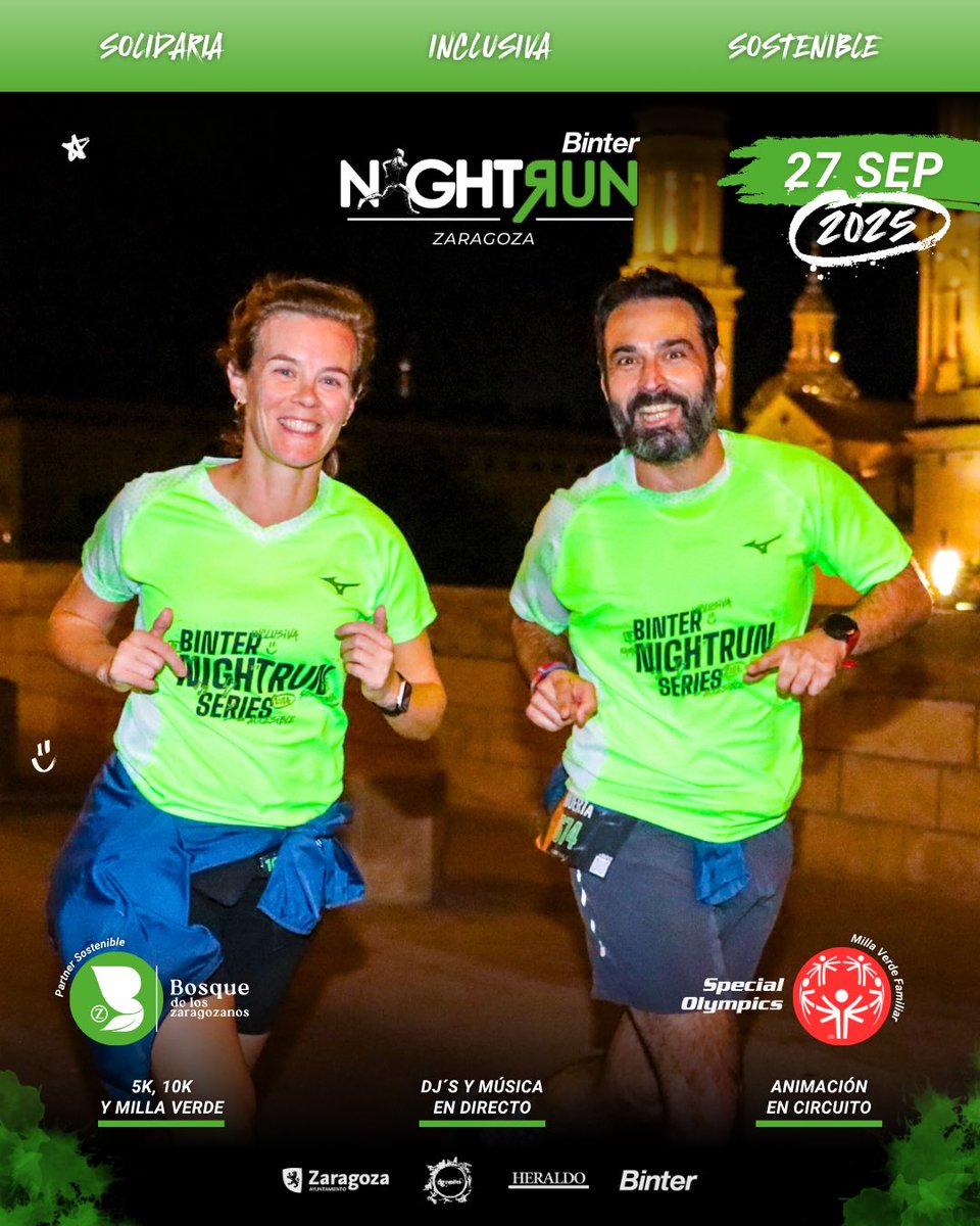 #Zaragoza se prepara para vivir su gran noche el 𝟐𝟕 𝐝𝐞 𝐬𝐞𝐩𝐭𝐢𝐞𝐦𝐛𝐫𝐞, cuando sus calles se llenarán de ritmo, luz y ese color verde esperanza que nos une.

📲 Inscríbete ya en binternightrun.es/zaragoza

#BinterNightRun #Binter #Runners #CarreraNocturna