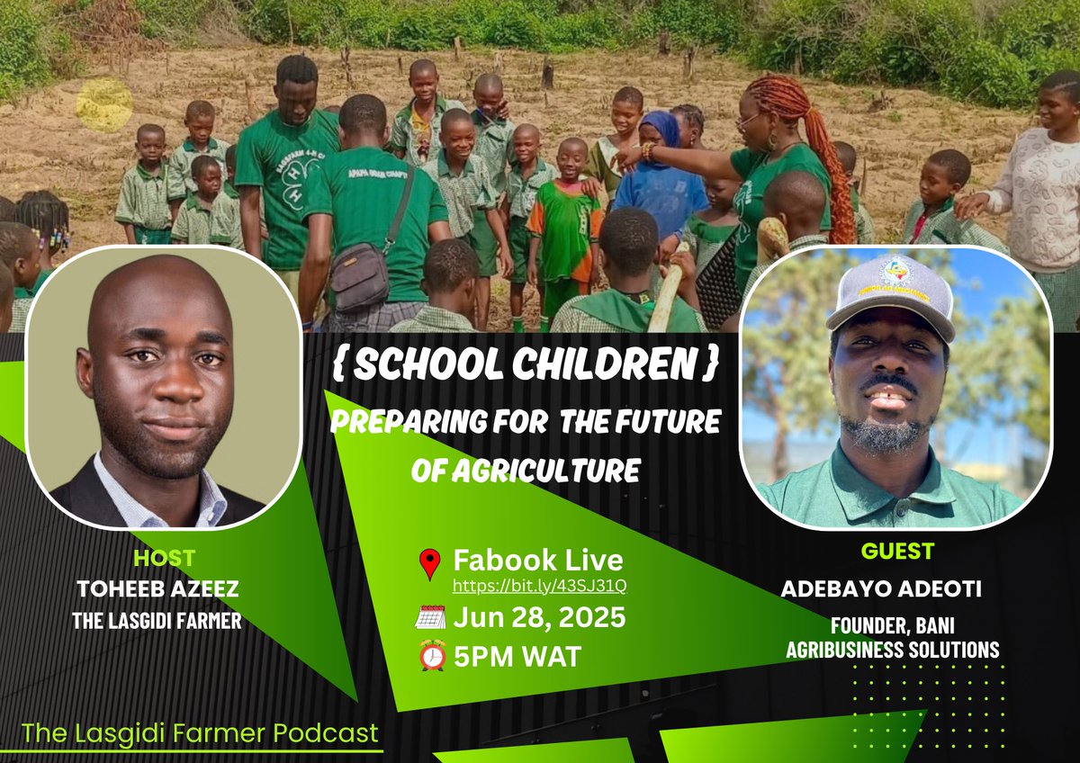 The Lasgidi Farmer (@dlasgidifarmer) on Twitter photo Kids are the future of agriculture & it’s important to prepare them accordingly.
Adebayo <a href="/you_ropean/">Olóyè Adebayo</a> will be sharing insights on his work in this part.
Join us for this event.
Date: Jun 2025
Time: 5PM
Link: bit.ly/43SJ31Q
<a href="/sarnchos/">~greedy farmer™~ Àwé Alágbo™ CAC-OFR</a> <a href="/peng_writer/">Ibrahim Kazeem Content writer and SMM</a> <a href="/FMWA_ng/">Federal Ministry of Women Affairs Nigeria</a> <a href="/DinmaEzeh/">Chi•Africa | AgricHR</a> Kids are the future of agriculture & it’s important to prepare them accordingly.
Adebayo <a href="/you_ropean/">Olóyè Adebayo</a> will be sharing insights on his work in this part.
Join us for this event.
Date: Jun 2025
Time: 5PM
Link: bit.ly/43SJ31Q
<a href="/sarnchos/">~greedy farmer™~ Àwé Alágbo™ CAC-OFR</a> <a href="/peng_writer/">Ibrahim Kazeem Content writer and SMM</a> <a href="/FMWA_ng/">Federal Ministry of Women Affairs Nigeria</a> <a href="/DinmaEzeh/">Chi•Africa | AgricHR</a>