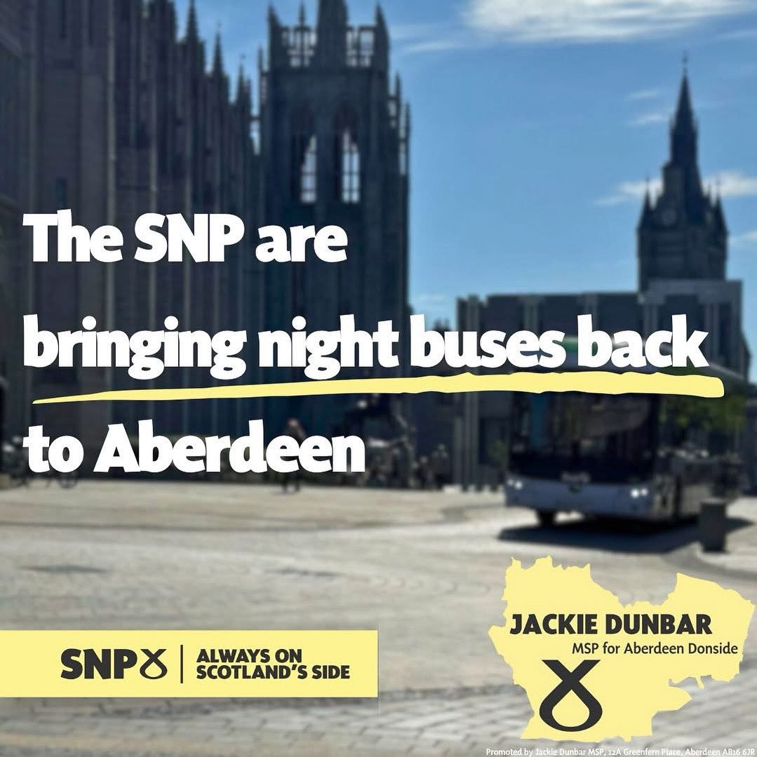 Jackie Dunbar MSP (@jackiedunbarsnp) on Twitter photo .<a href="/AberdeenCC/">Aberdeen City Council</a> have agreed to fund five night bus routes across Aberdeen on Friday and Saturday nights, from later this month.
First Aberdeen’s single fare prices will apply on these services, which also means they will be included in <a href="/scotgov/">Scottish Government</a> free bus travel schemes. .<a href="/AberdeenCC/">Aberdeen City Council</a> have agreed to fund five night bus routes across Aberdeen on Friday and Saturday nights, from later this month.
First Aberdeen’s single fare prices will apply on these services, which also means they will be included in <a href="/scotgov/">Scottish Government</a> free bus travel schemes.