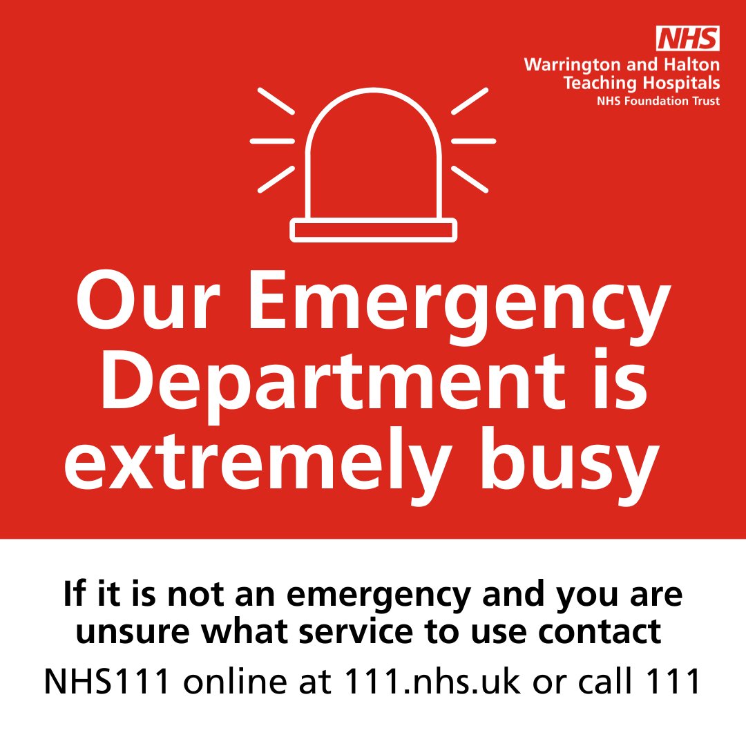 🚨Warrington Emergency Department is exceptionally busy🚨

We are experiencing very high attendances at our ED today - as a result, there are very long waits to be seen.

Remember - keep ED free for those who are critically ill or injured.

For options: ow.ly/wsXf50WcK8X