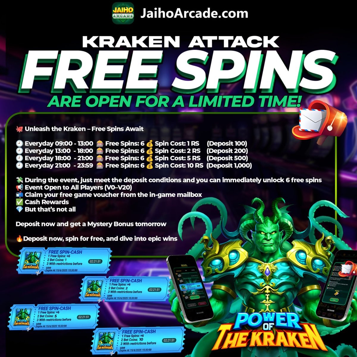 Jaihoarcade's tweet photo. 🐙 Kraken’s Gift: Spin for Free &amp; Win Real Cash!
🎮 Game: Power of the Kraken I

📢 All Players Welcome! (V0–V20)
📬 Now check your in-game mailbox to grab your free spin voucher!
💎 Bonus Surprise!
Deposit today and receive a Mystery Cash Reward tomorrow
✅ Cash Reward https://t.co/kZHHUJnCgP