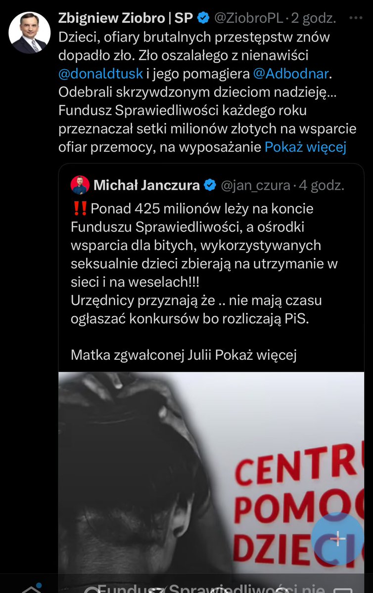 Michał Janczura (@jan_czura) on Twitter photo To jest szczyt bezczelności! Pan <a href="/ZiobroPL/">Zbigniew Ziobro | SP</a> nie doczytał, że NIGDY te ośrodki nie dostały wsparcia! Jak Pan chce to powiem jak wspieraliście dzieci ofiary przestepstw seksualnych. Na pomoc prawną w 2022 roku przeznaczyliście 3 tysiące złotych!!!! Na cały kraj. Więc proszę sobie To jest szczyt bezczelności! Pan <a href="/ZiobroPL/">Zbigniew Ziobro | SP</a> nie doczytał, że NIGDY te ośrodki nie dostały wsparcia! Jak Pan chce to powiem jak wspieraliście dzieci ofiary przestepstw seksualnych. Na pomoc prawną w 2022 roku przeznaczyliście 3 tysiące złotych!!!! Na cały kraj. Więc proszę sobie