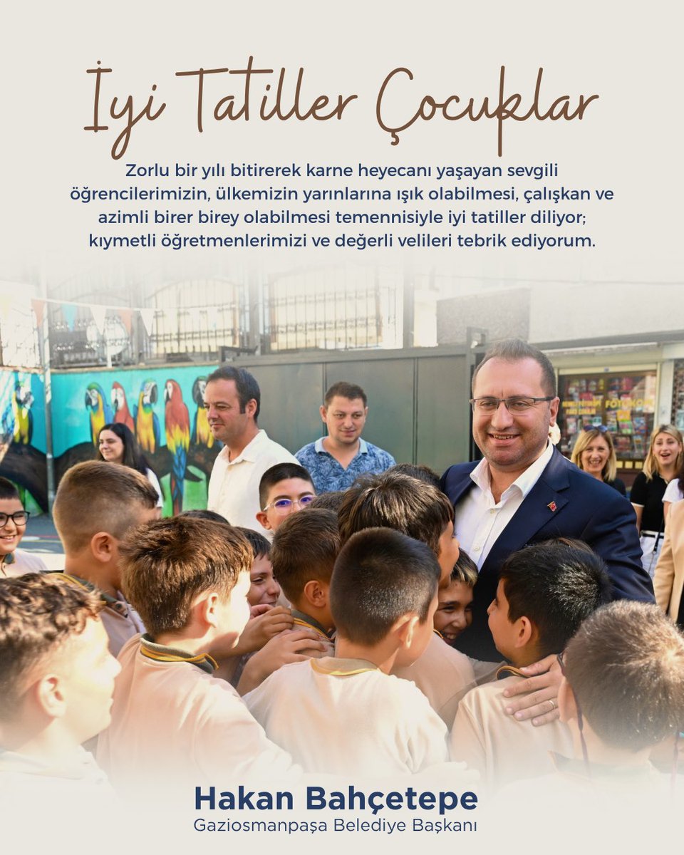 Zorlu bir yılı geride bırakarak karne heyecanı yaşayan sevgili öğrencilerimizi yürekten tebrik ediyor, azimle çalıştıkları bu dönemin ardından keyifli ve dinlendirici bir tatil geçirmelerini diliyorum.

Yarının sahipleri olan çocuklarımızın ve gençlerimizin yetişmesine kutsal