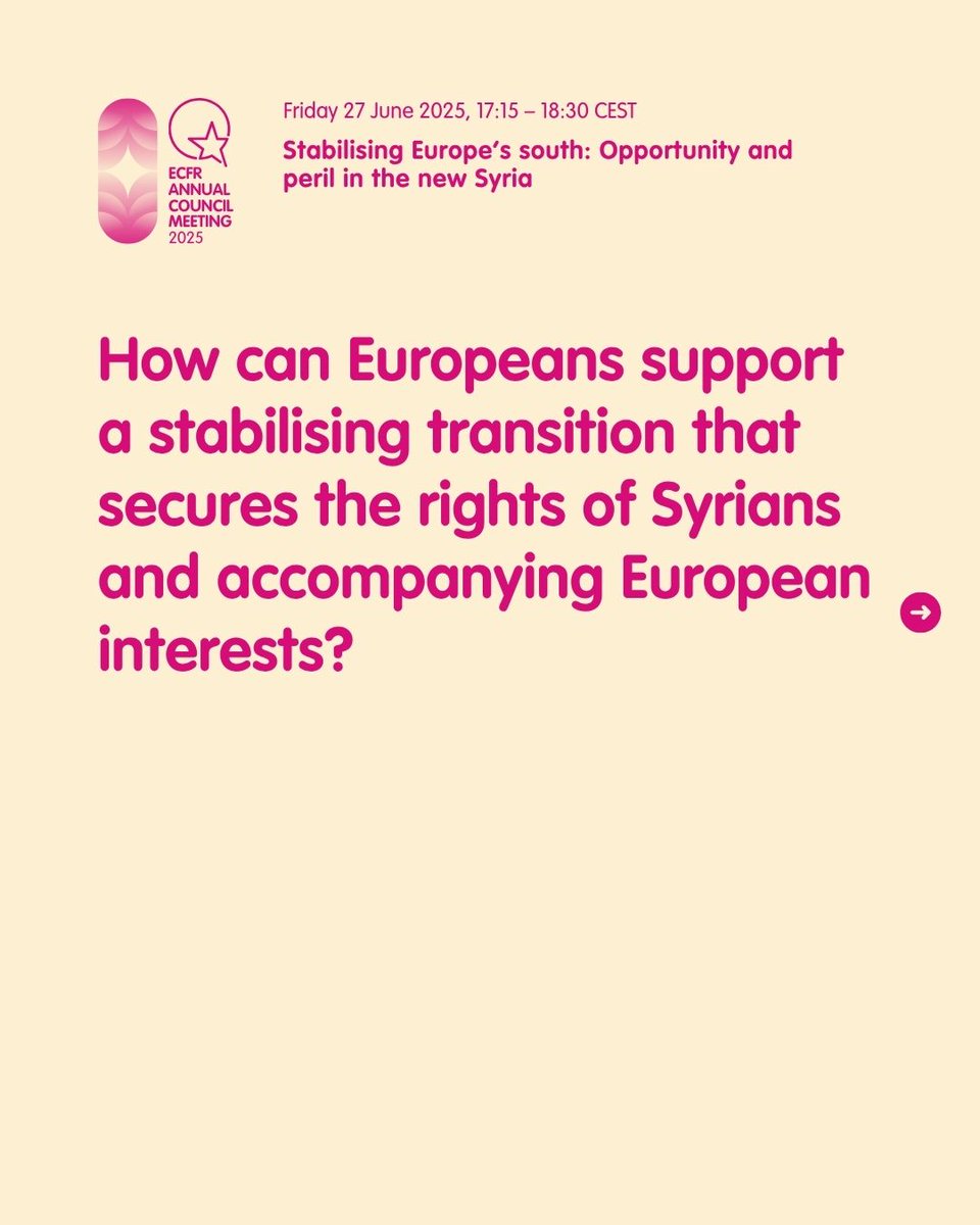 ⏳7 days to go until #ACM25!  

Syria’s shift away from the destabilising, autocratic rule of Bashar al-Assad offers a critical opportunity to stabilise the Levant — a region that has posed persistent threats to European interests over the past decade. <a href="/ECFRMena/">ECFR MENA</a> 

Join us live!