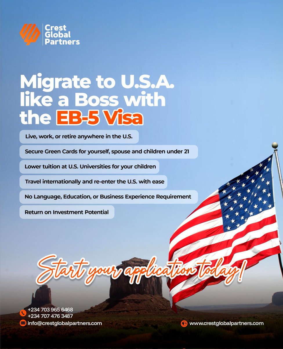 CGPLimited_'s tweet image. 🇺🇸 With the EB-5 Visa, you can secure U.S. residency and access the finest education, career, and lifestyle opportunities while investing in lucrative businesses and earning returns on your investment.

DM us to apply. 

#eb5program #eb5visa #immigration  #CrestGlobalPartners